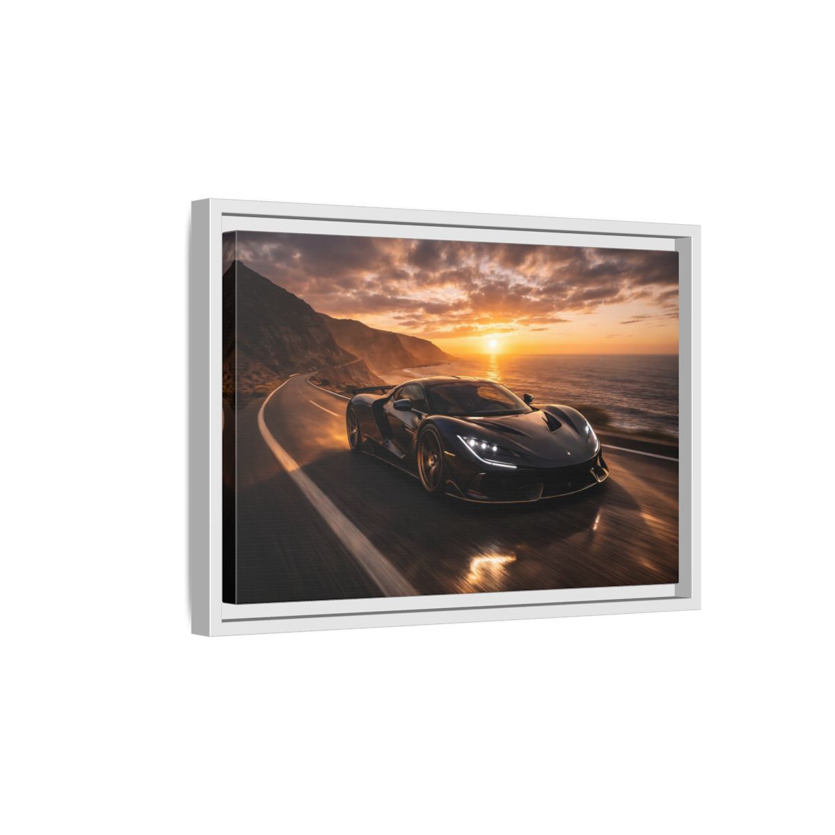 Side Mockup 4. Sports Sports Car Black And Orange shown as stretched canvas wall art