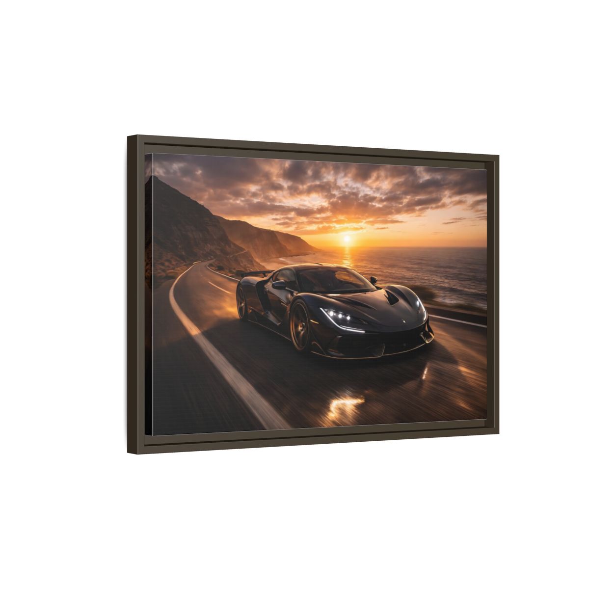 Side Mockup 2. Sports Sports Car Black And Orange shown as stretched canvas wall art