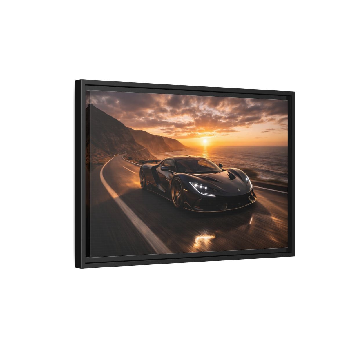 Side Mockup 3. Sports Sports Car Black And Orange shown as stretched canvas wall art