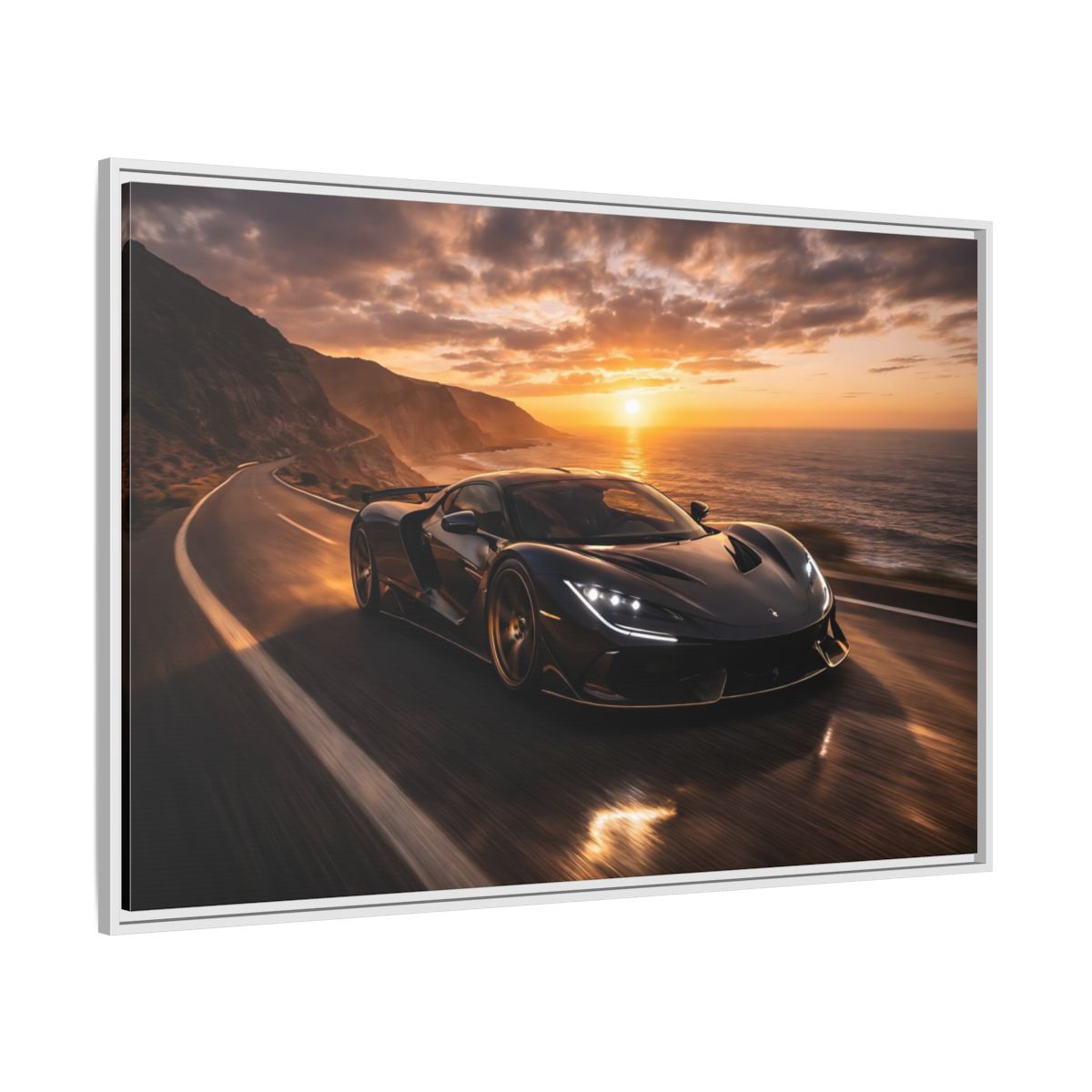Side Mockup 7. Sports Sports Car Black And Orange shown as stretched canvas wall art