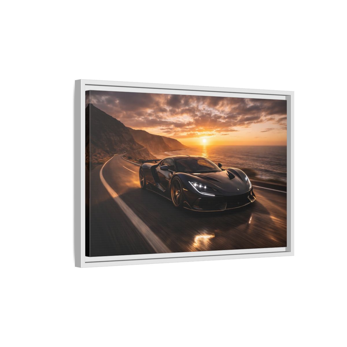 Side Mockup 1. Sports Sports Car Black And Orange shown as stretched canvas wall art