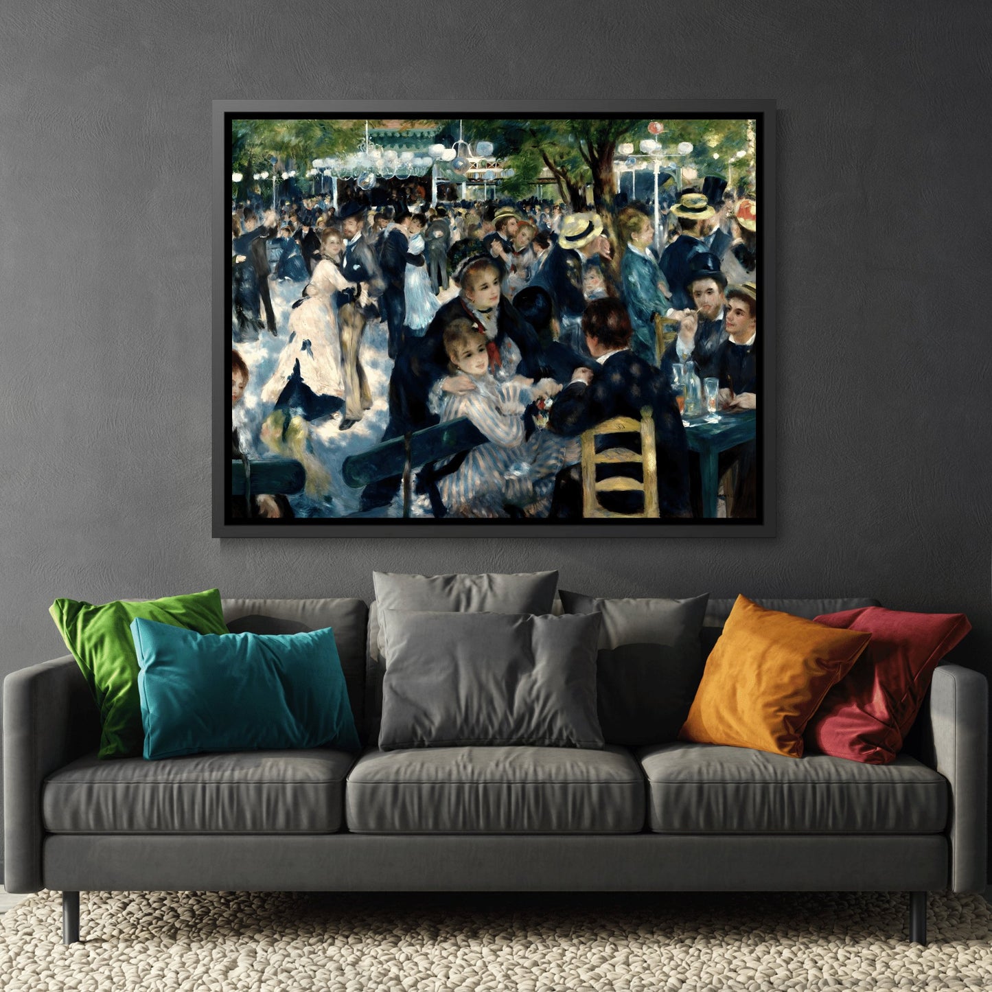 Pierre Auguste Renoir Dance at Le Moulin de la Galette - Framed Canvas Wall Art Print in Black Pinewood Frame