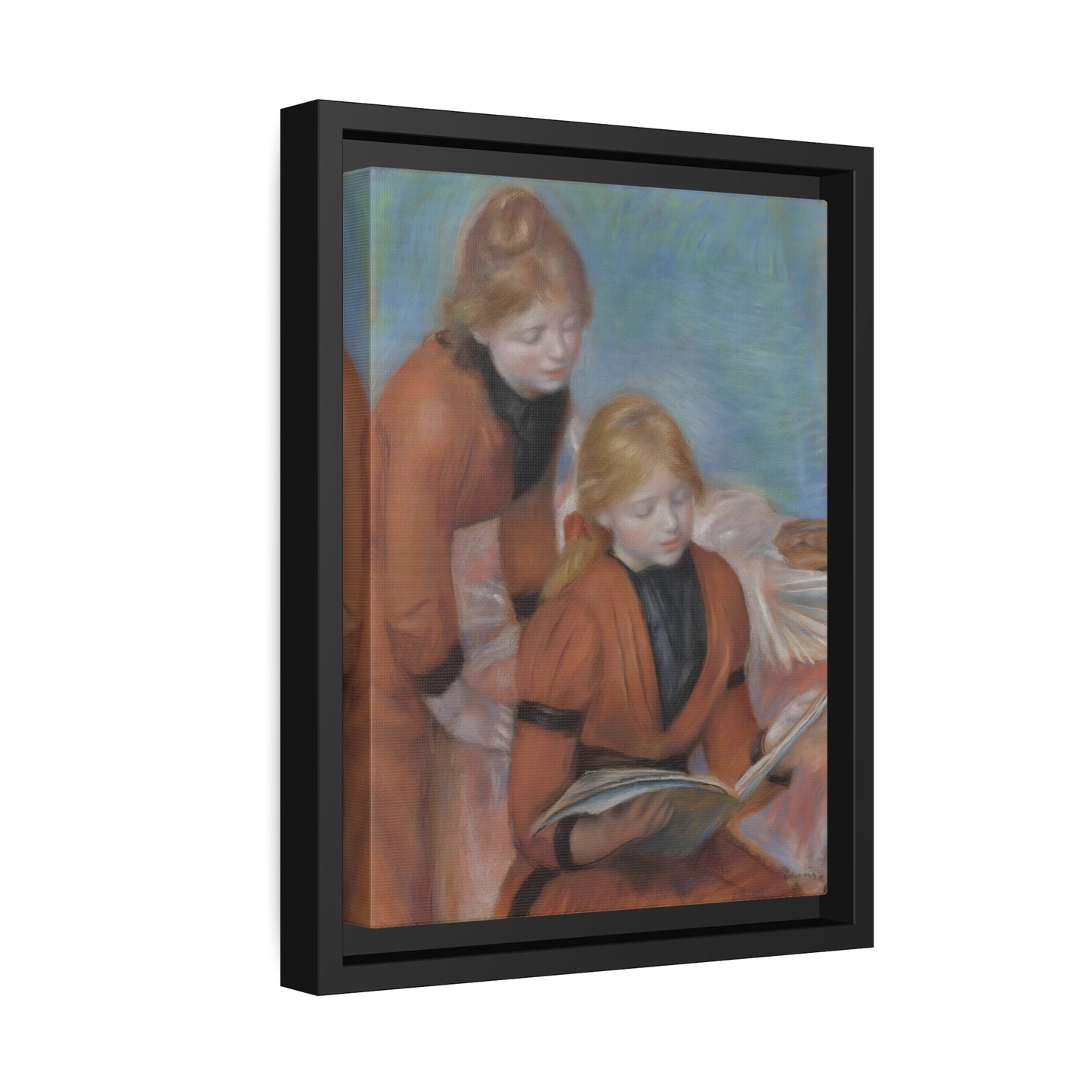 Pierre Auguste Renoir Reading - Framed Canvas Art Reproduction - Black Frame