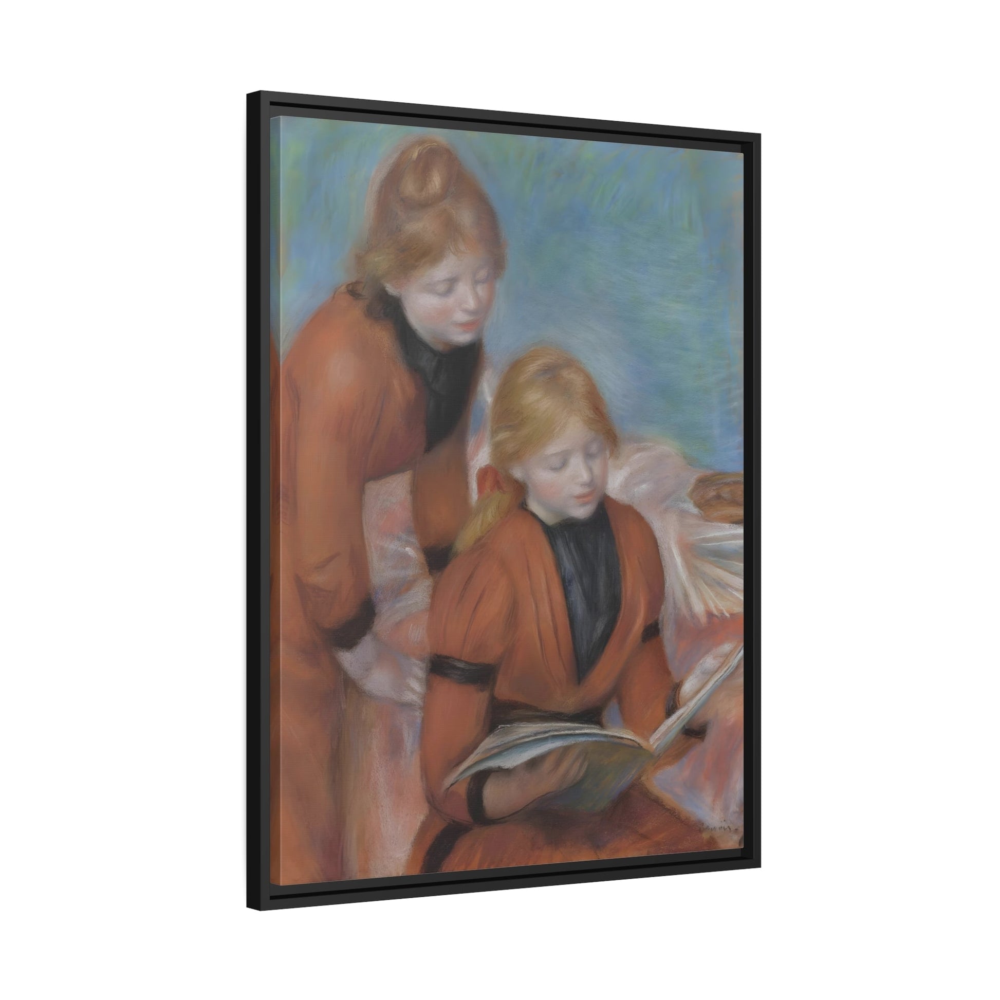 Pierre Auguste Renoir Reading - Framed Canvas Art Reproduction - Black Frame