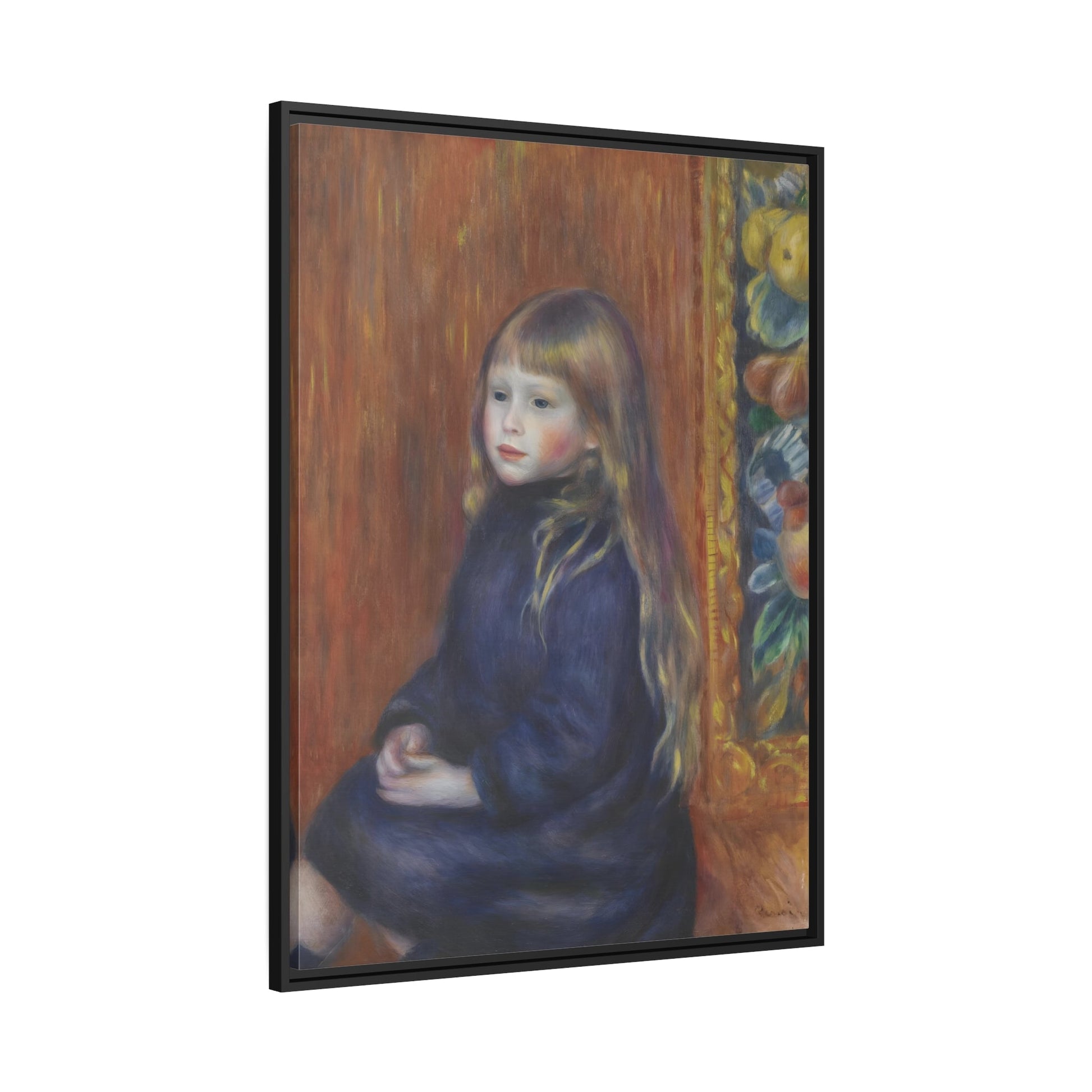 Pierre Auguste Renoir Seated Child Blue Dress - Framed Canvas Art Reproduction