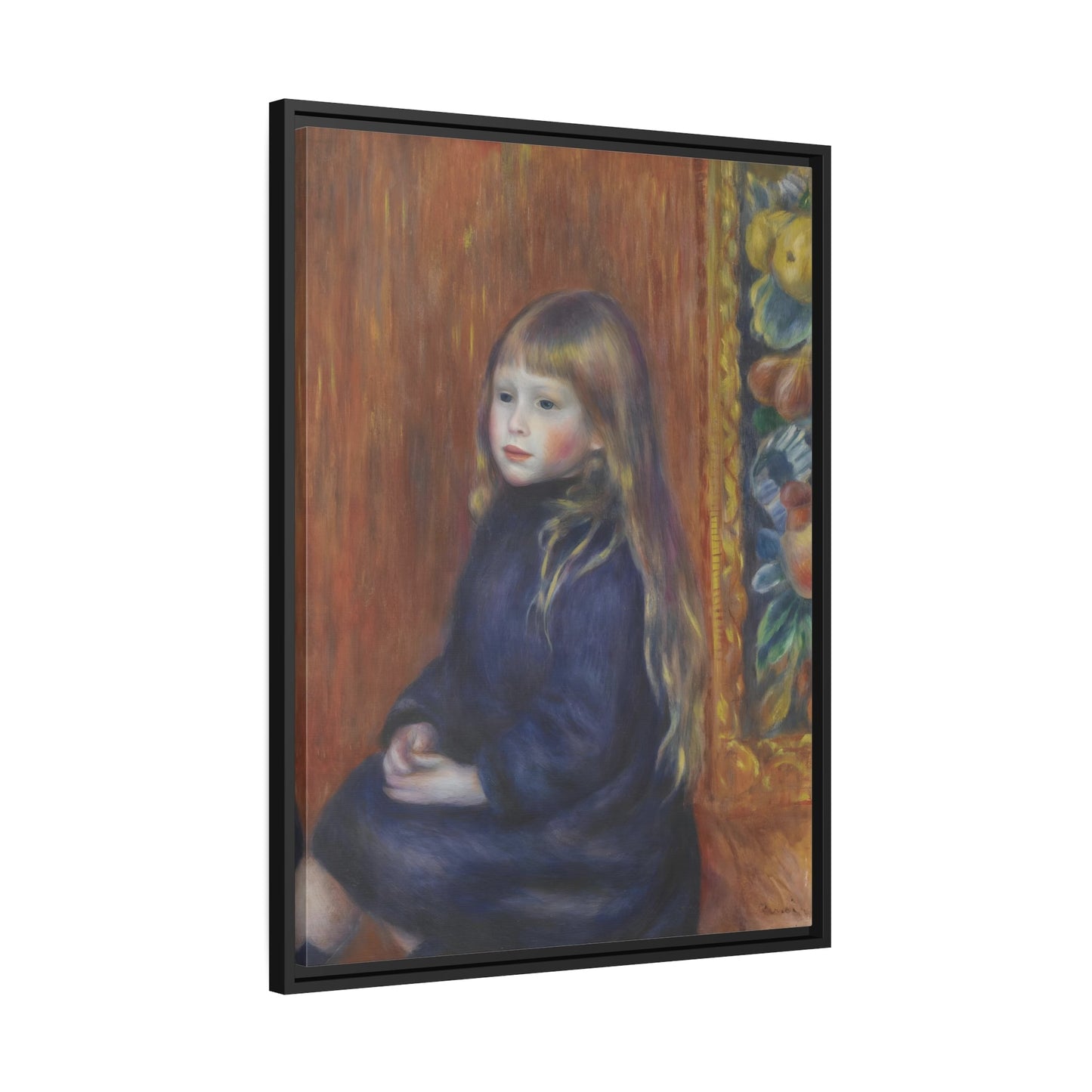 Pierre Auguste Renoir Seated Child Blue Dress - Framed Canvas Art Reproduction