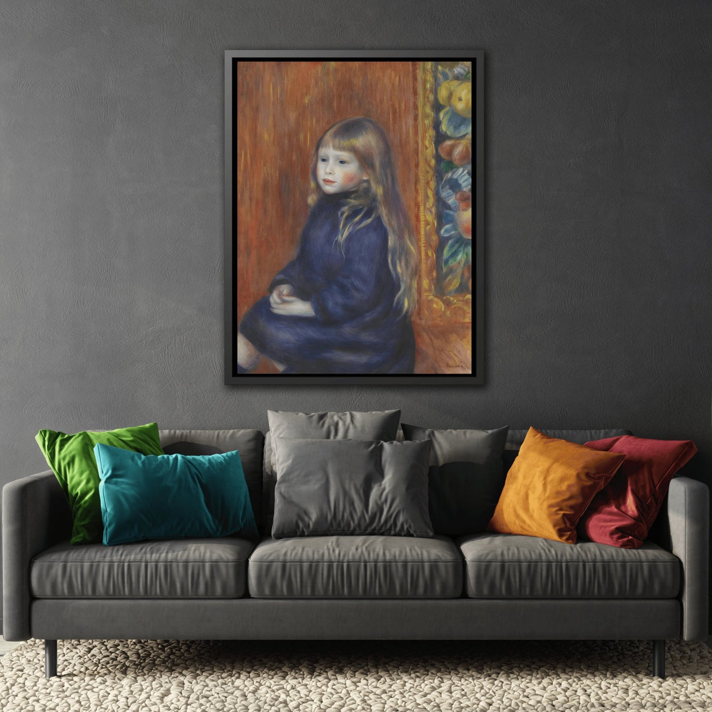 Pierre Auguste Renoir Seated Child Blue Dress - Framed Canvas Art Reproduction