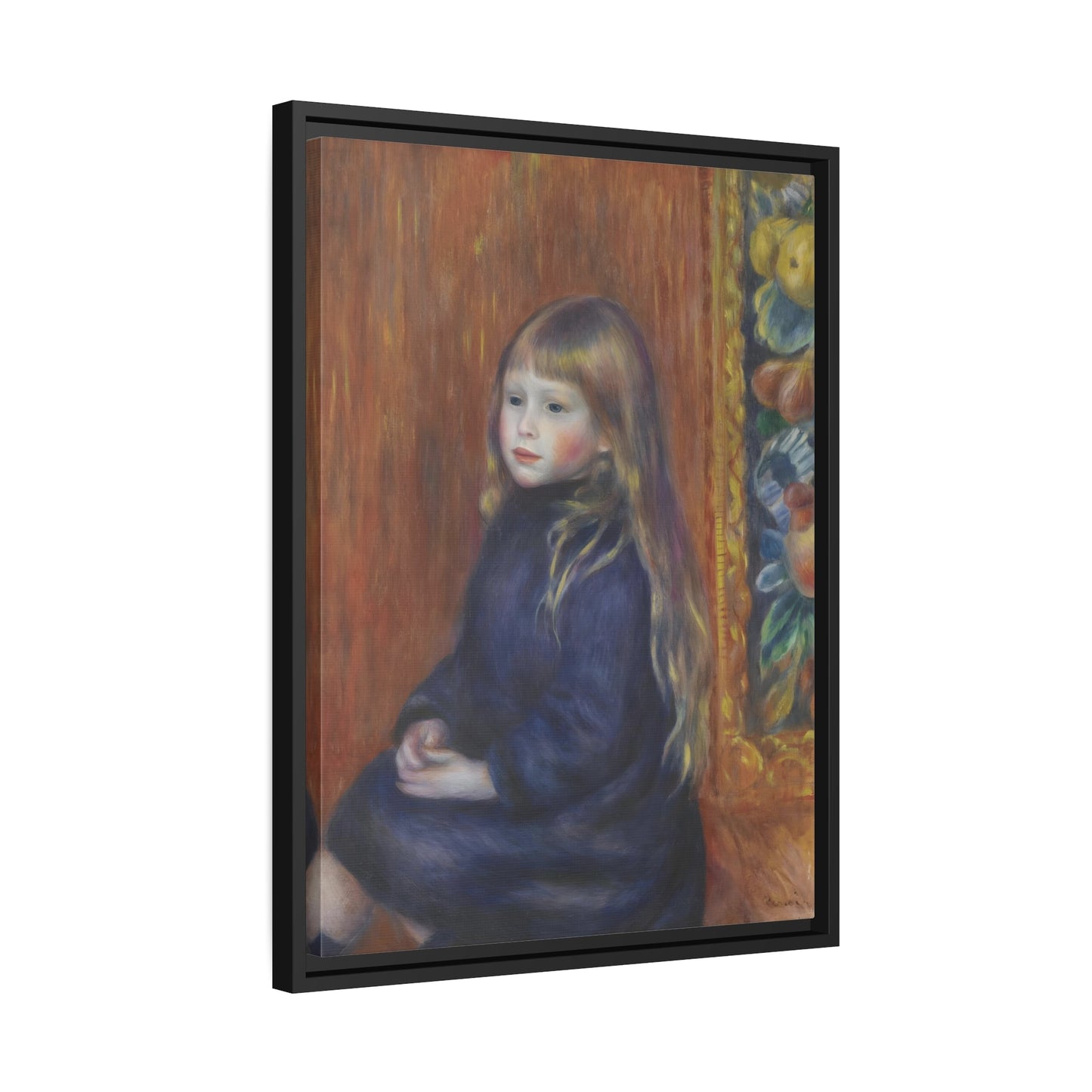 Pierre Auguste Renoir Seated Child Blue Dress - Framed Canvas Art Reproduction