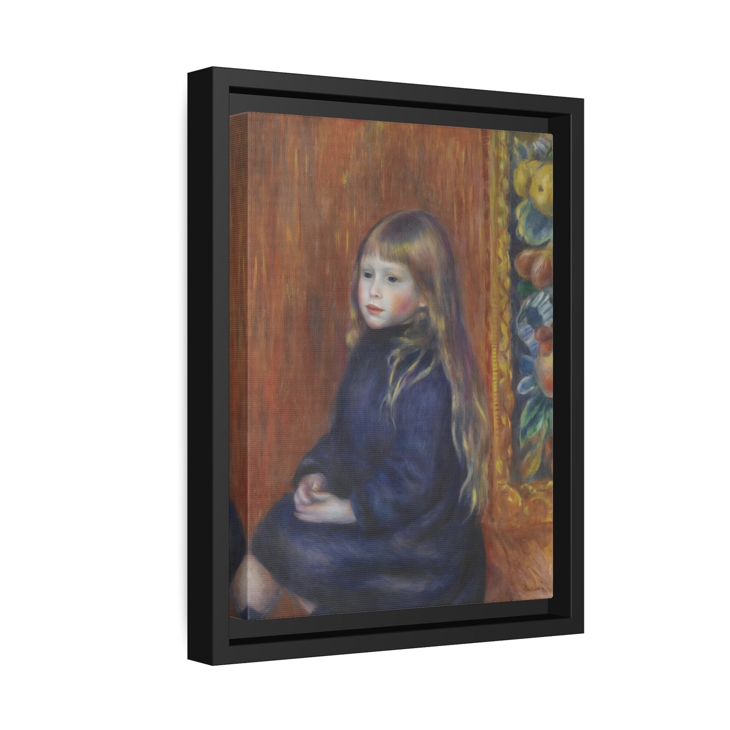 Pierre Auguste Renoir Seated Child Blue Dress - Framed Canvas Art Reproduction