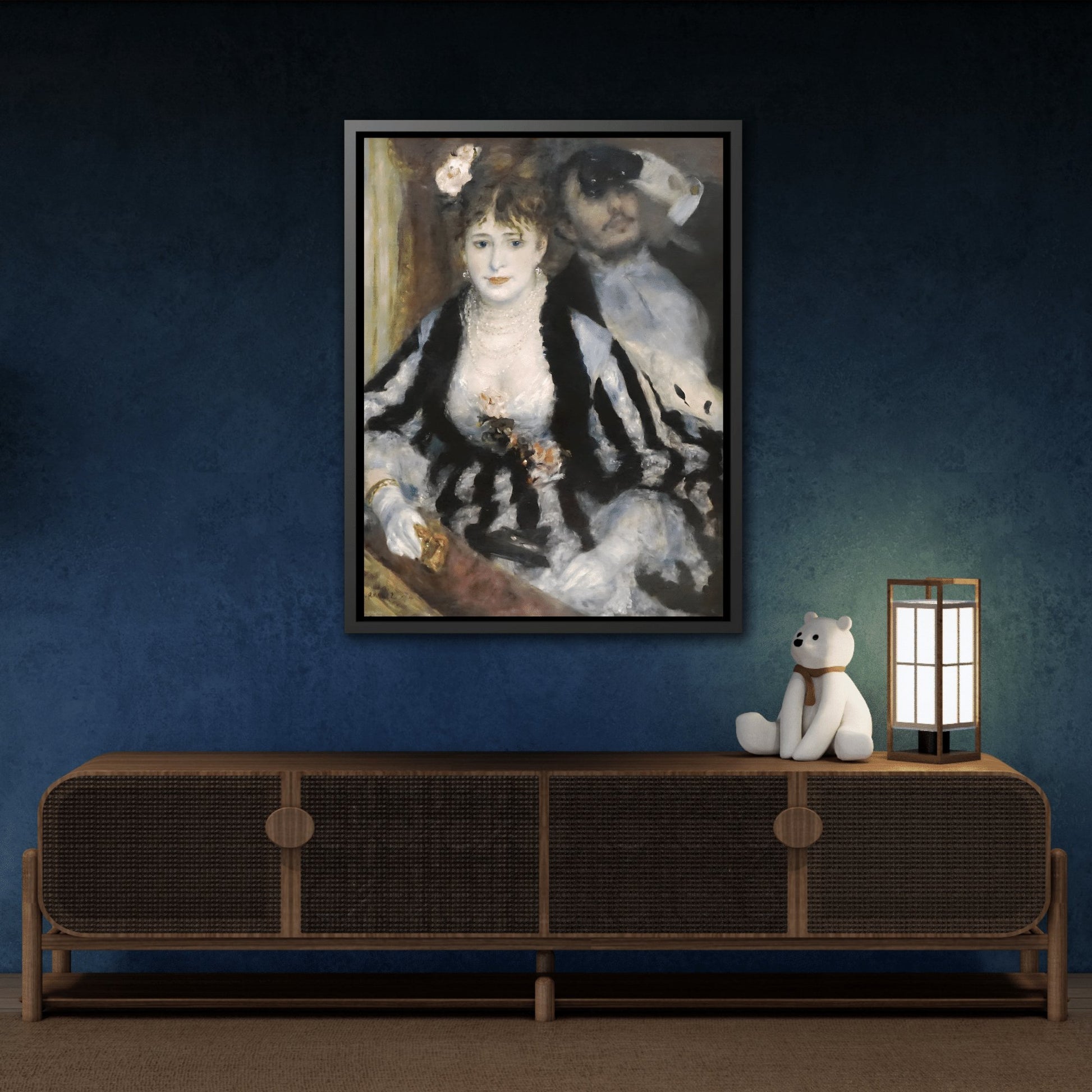 Pierre Auguste Renoir The Loge - Framed Canvas Art Reproduction in Black Frame