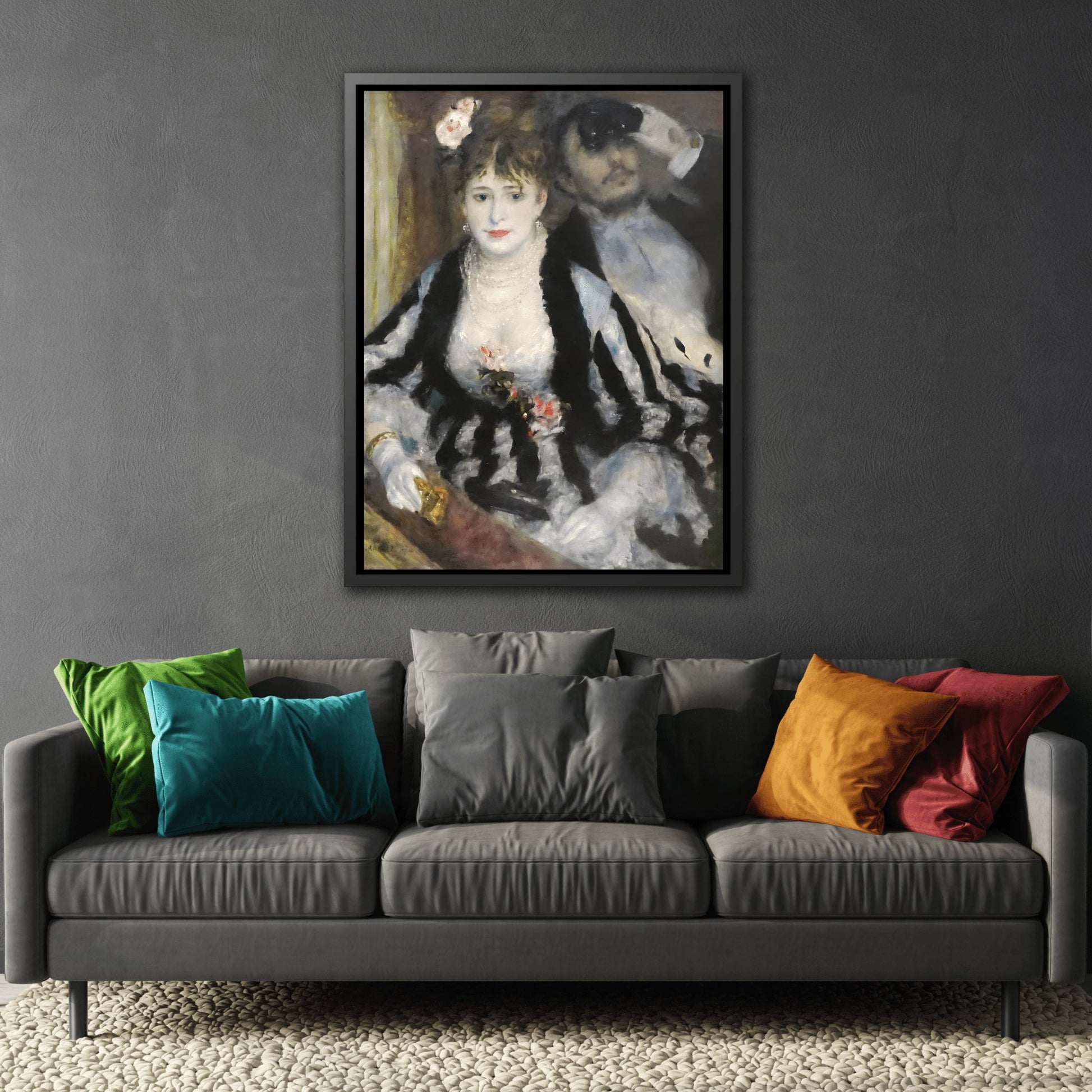 Pierre Auguste Renoir The Loge - Framed Canvas Art Reproduction in Black Frame