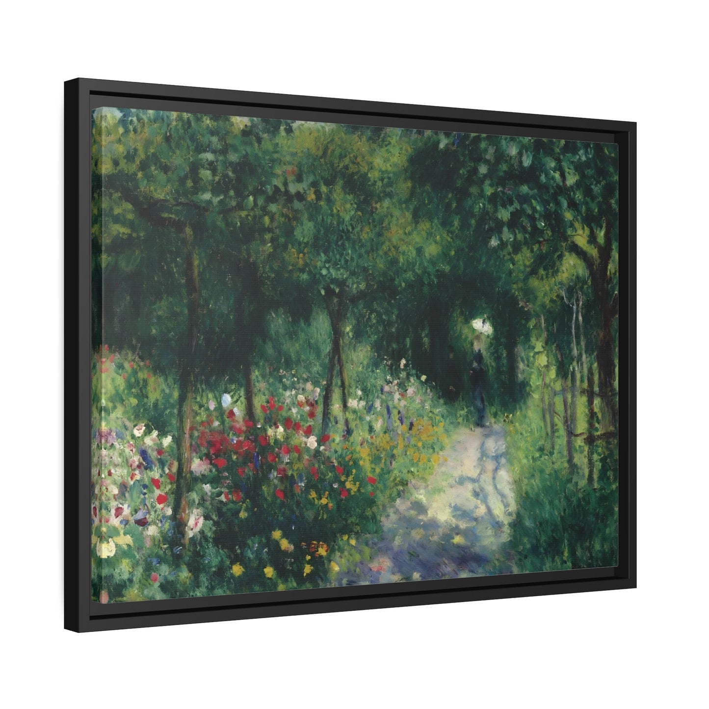 Pierre Auguste Renoir Women in a Garden - Framed Canvas Wall Art Print in Black Pinewood Frame