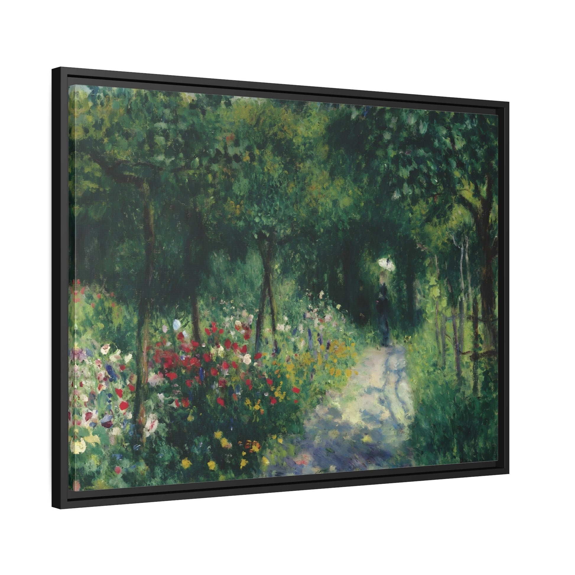 Pierre Auguste Renoir Women in a Garden - Framed Canvas Wall Art Print in Black Pinewood Frame