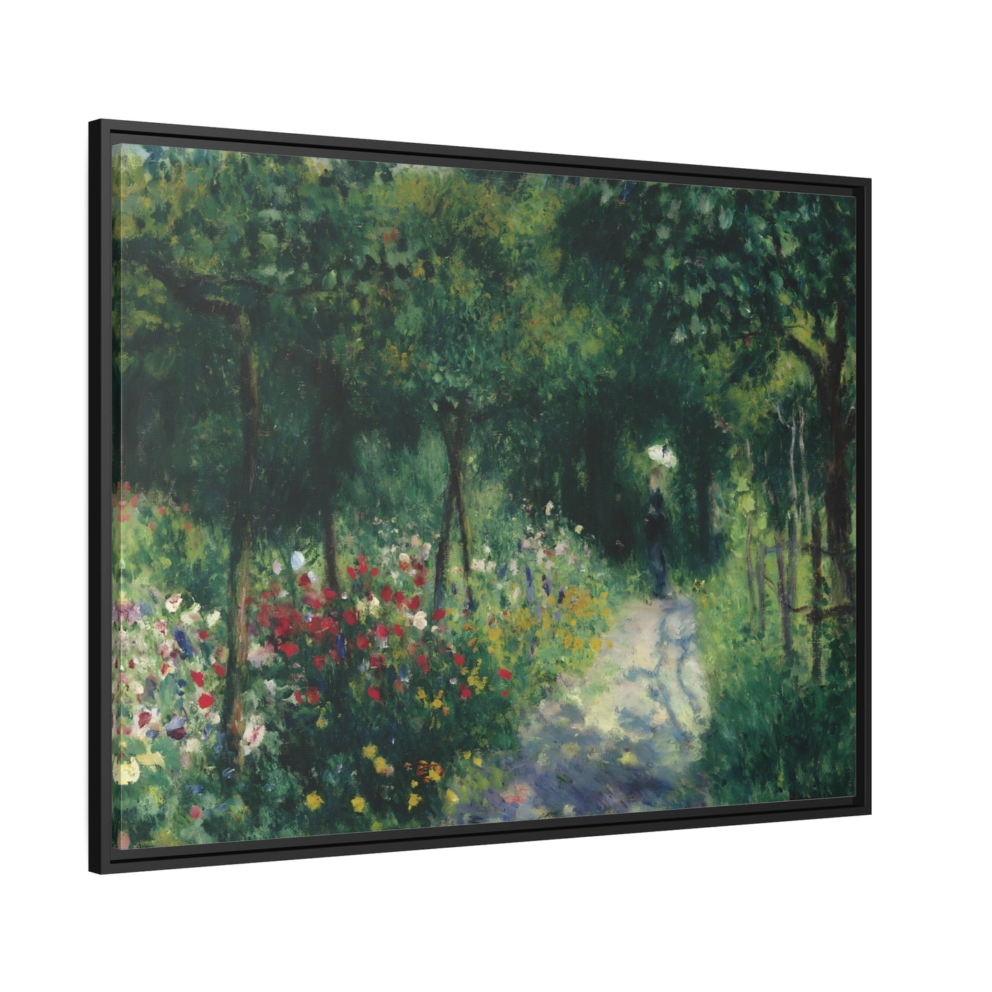 Pierre Auguste Renoir Women in a Garden - Framed Canvas Wall Art Print in Black Pinewood Frame