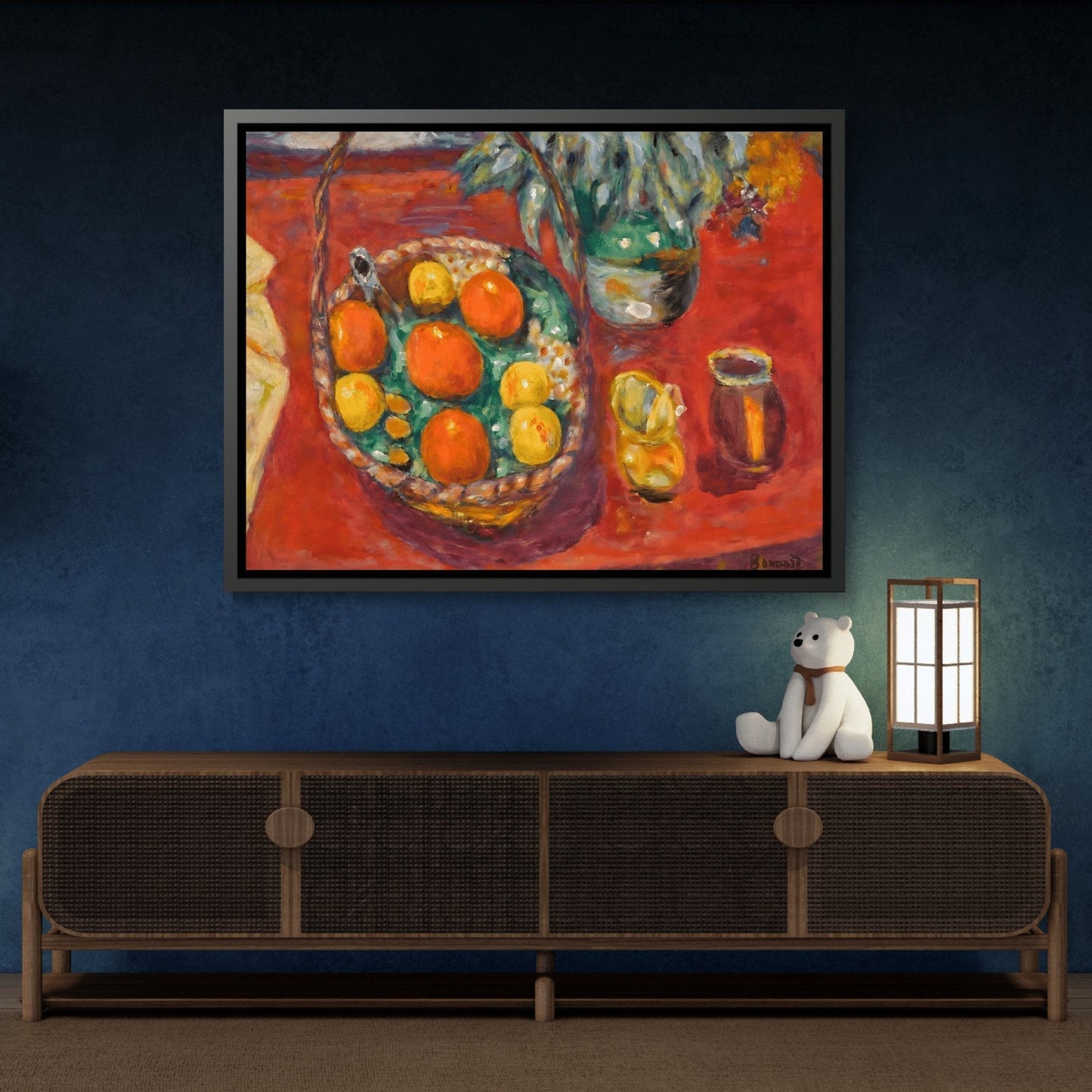 Pierre Bonnard Oranges and Persimmons Fruits - Framed Canvas Wall Art Print in Black Pinewood Frame