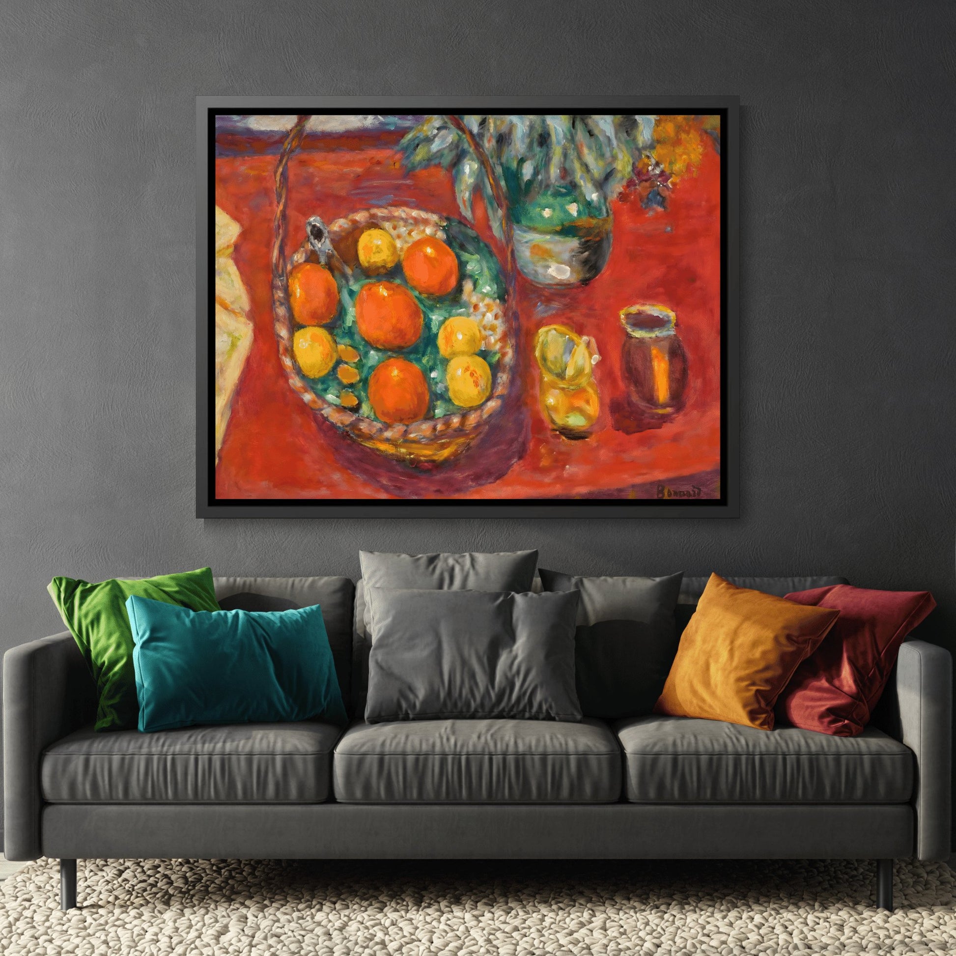 Pierre Bonnard Oranges and Persimmons Fruits - Framed Canvas Wall Art Print in Black Pinewood Frame