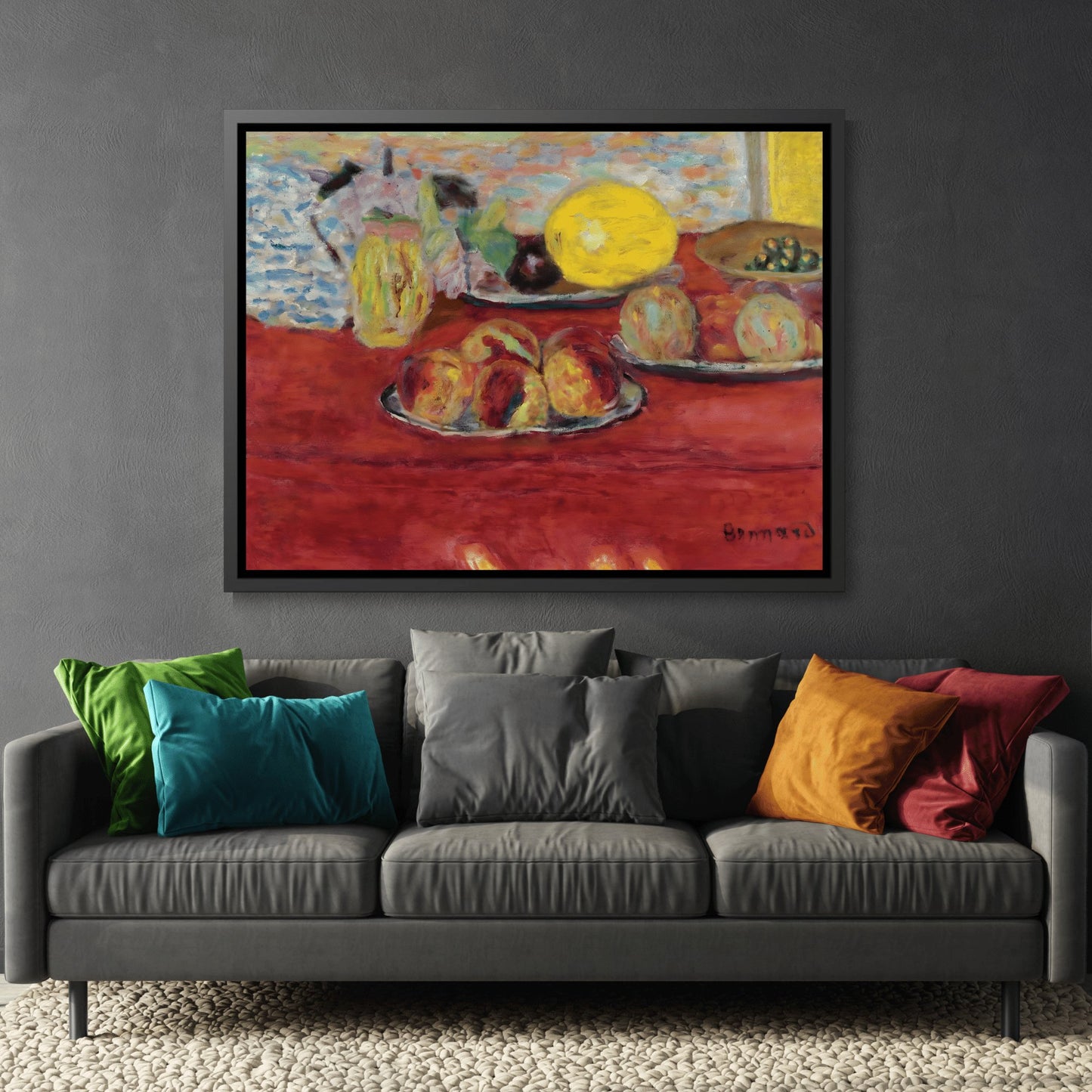 Pierre Bonnard Still Life With Melon - Framed Canvas Wall Art Print in Black Pinewood Frame