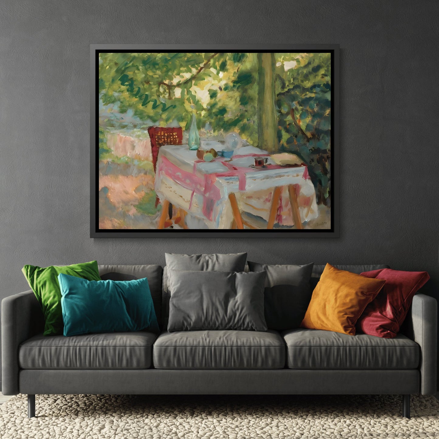 Pierre Bonnard Table Set In A Garden - Framed Canvas Wall Art Print in Black Pinewood Frame