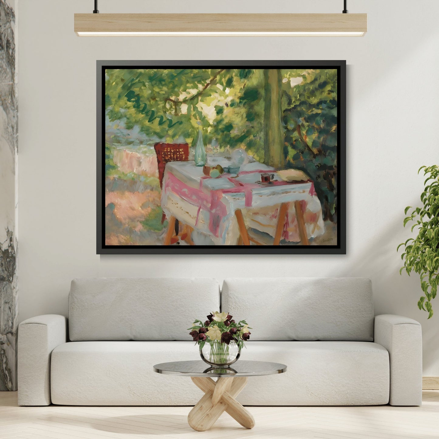 Pierre Bonnard Table Set In A Garden - Framed Canvas Wall Art Print in Black Pinewood Frame