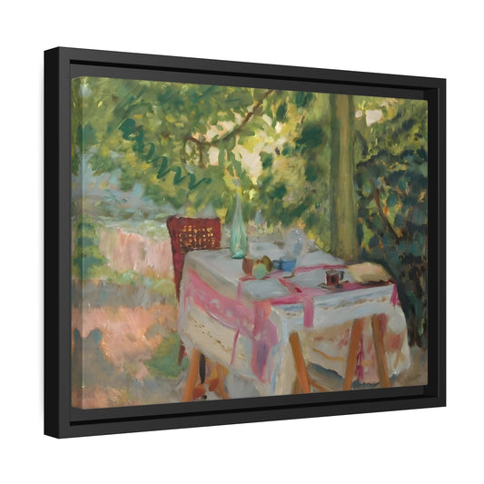 Pierre Bonnard Table Set In A Garden - Framed Canvas Wall Art Print in Black Pinewood Frame