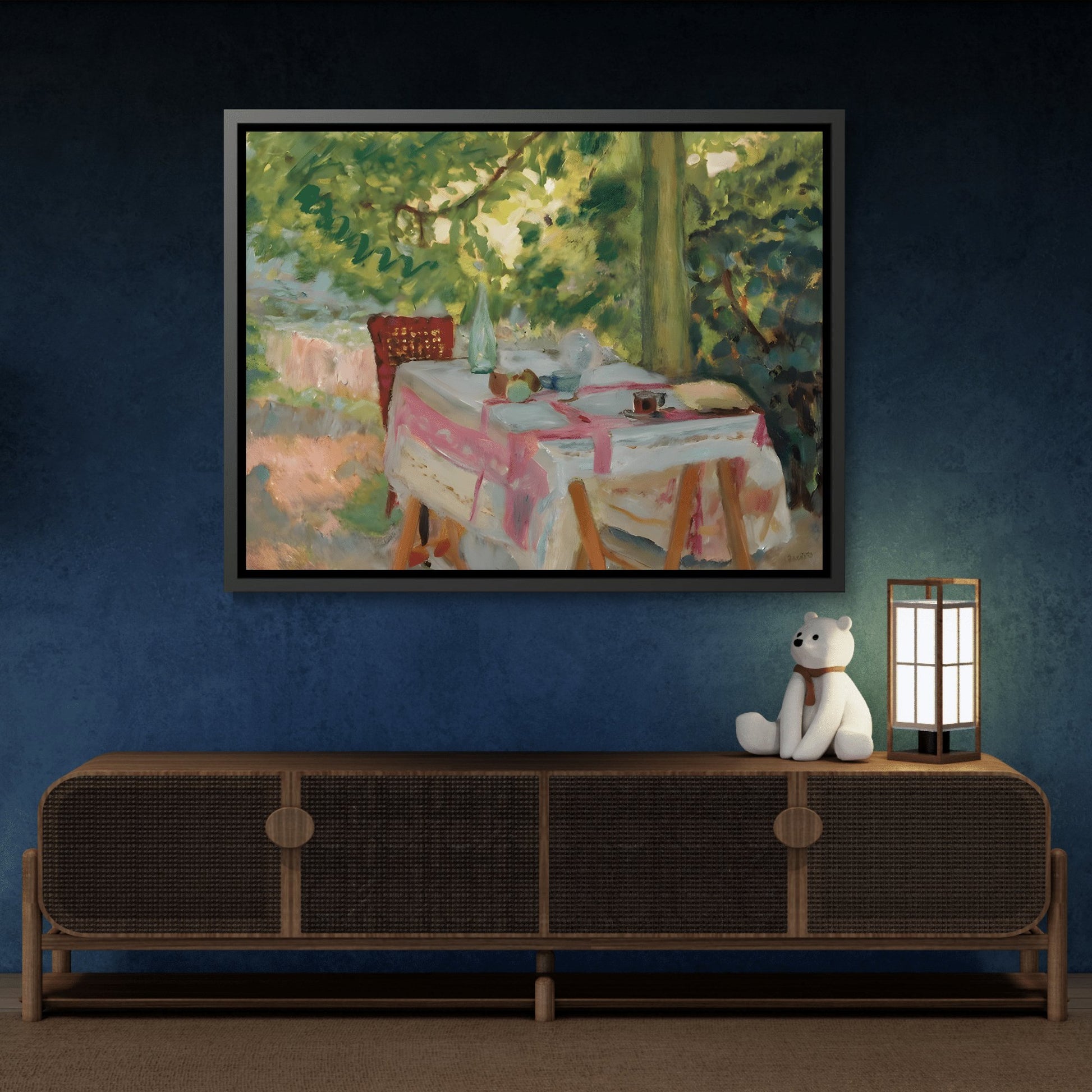 Pierre Bonnard Table Set In A Garden - Framed Canvas Wall Art Print in Black Pinewood Frame