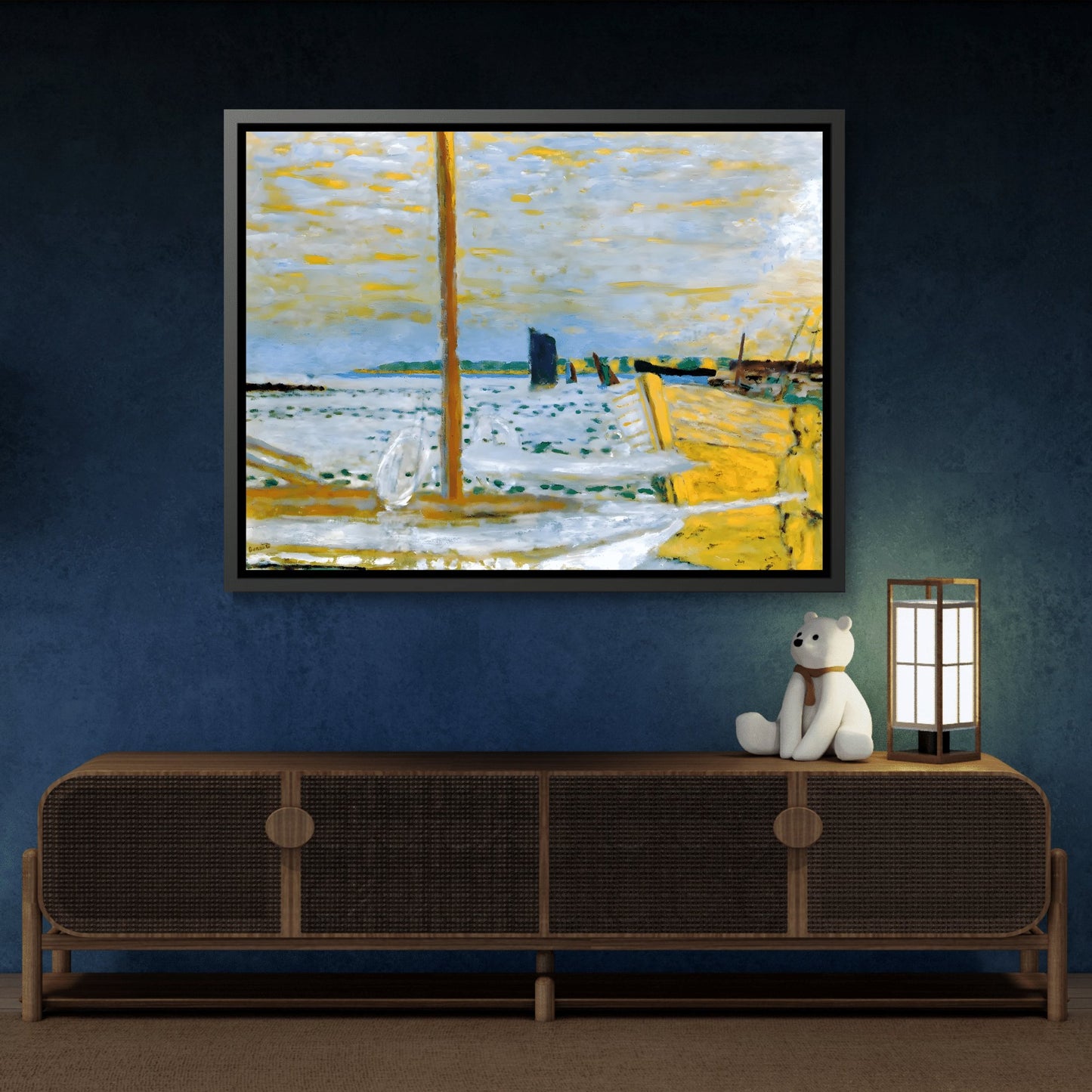 Pierre Bonnard Yellow Boat - Framed Canvas Wall Art Print in Black Pinewood Frame