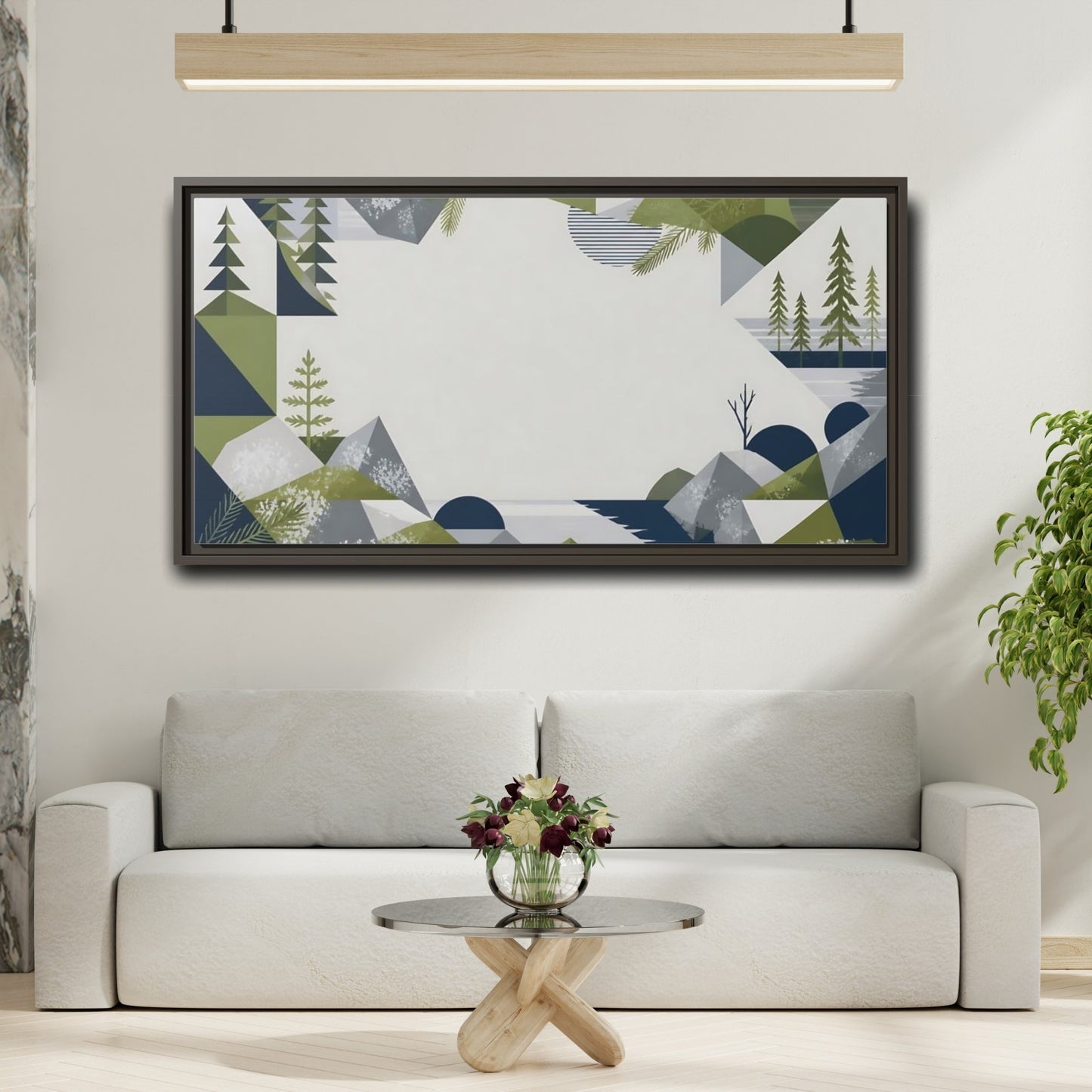 Mockup 2. Pine Trees Mountain View shown as framed canvas print