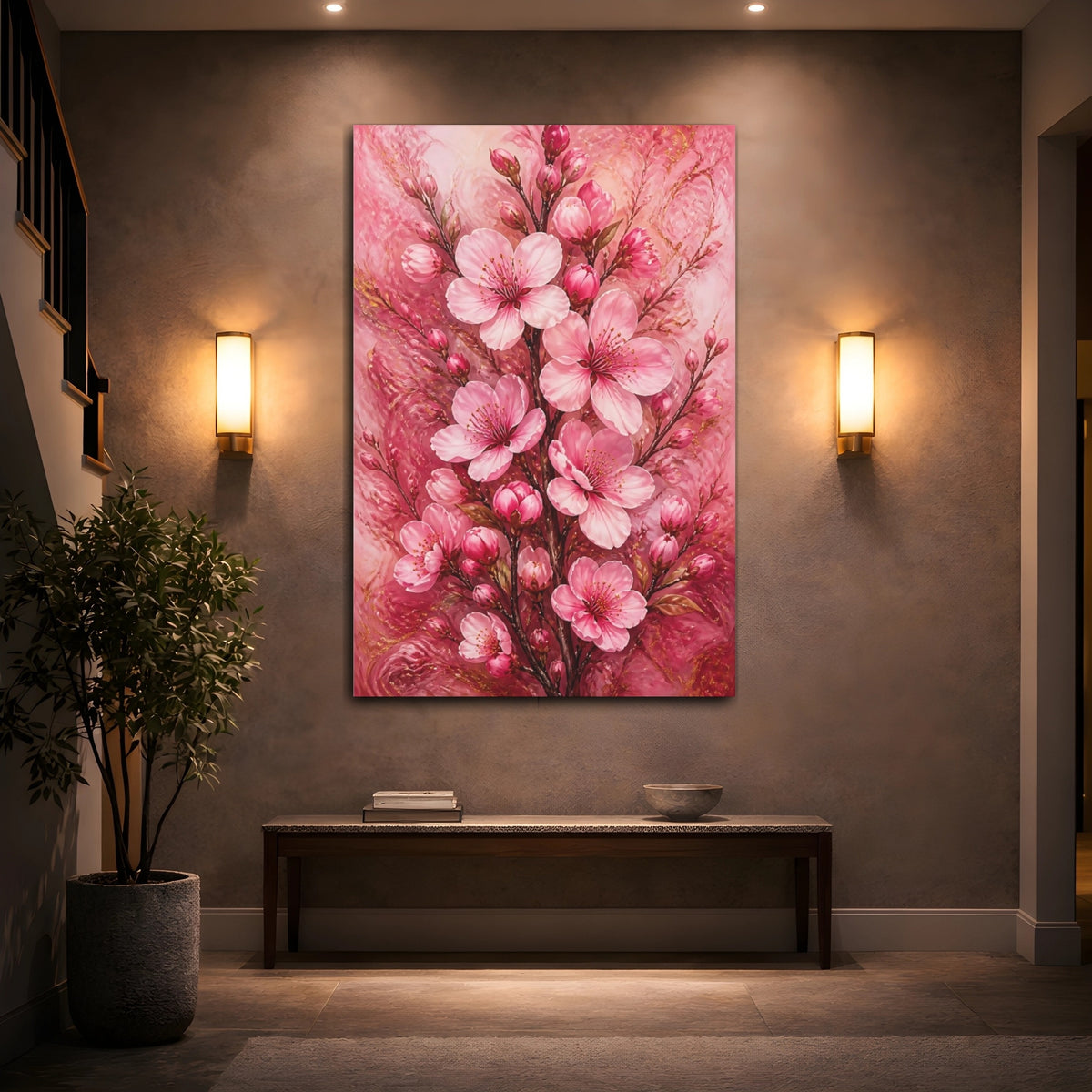 Mockup 2. Pink Almond Blossom Branch shown as canvas print