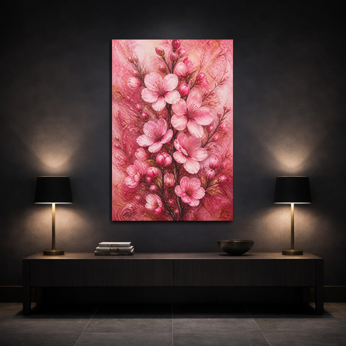 Mockup 3. Pink Almond Blossom Branch shown as canvas print