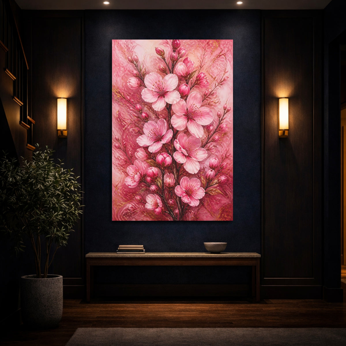 Mockup 4. Pink Almond Blossom Branch shown as canvas print