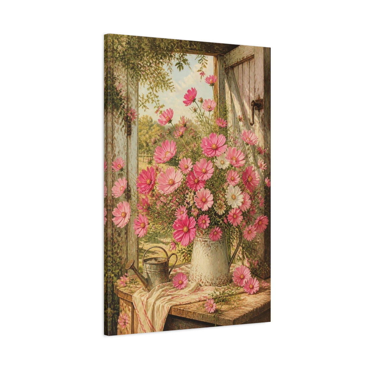Main Mockup. Pink Cosmos Flowers shown as canvas print