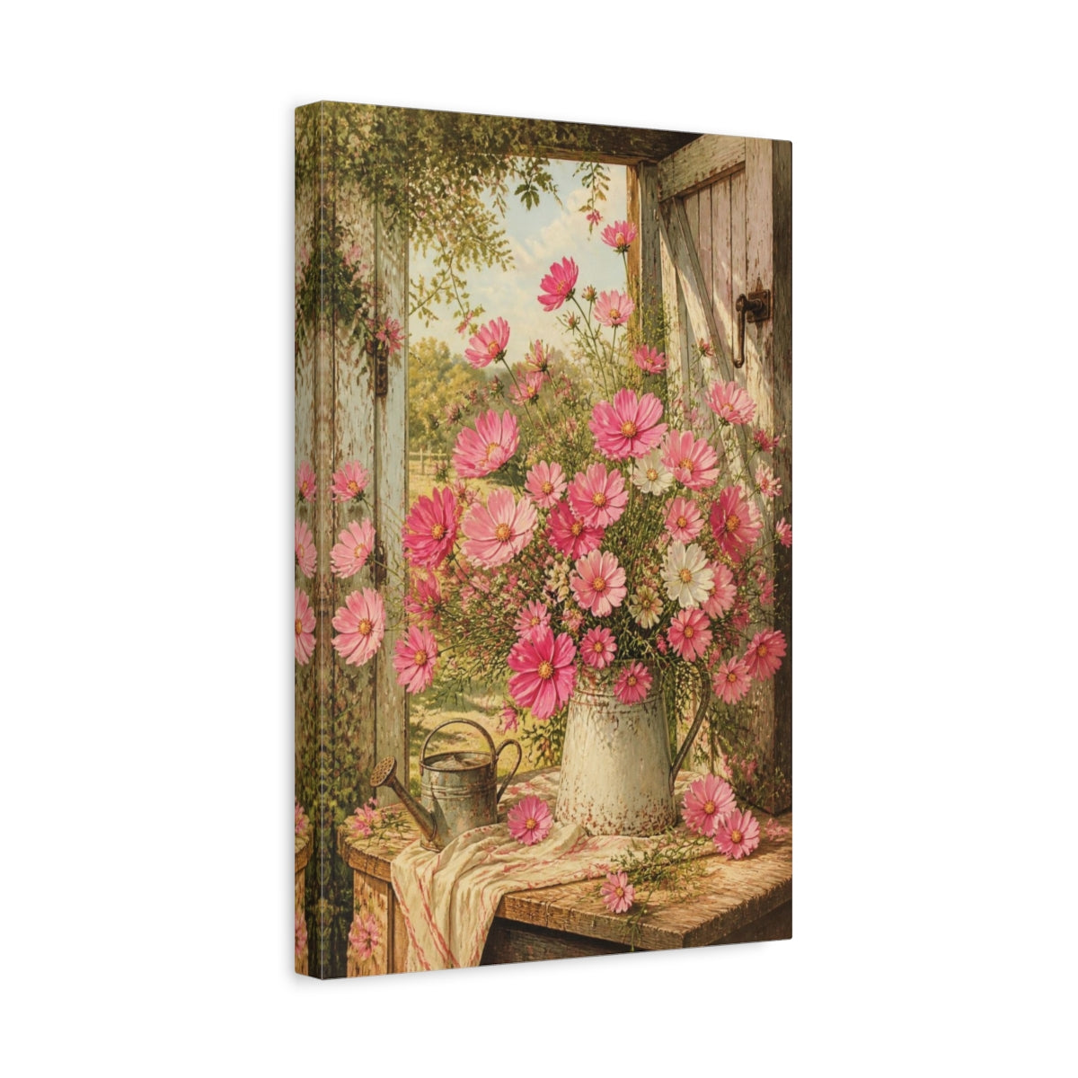 Side Mockup 4. Pink Cosmos Flowers shown as canvas print