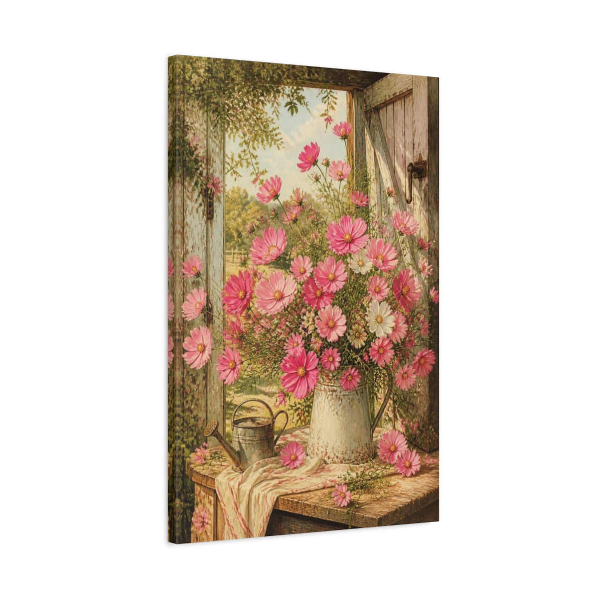 Side Mockup 2. Pink Cosmos Flowers shown as canvas print