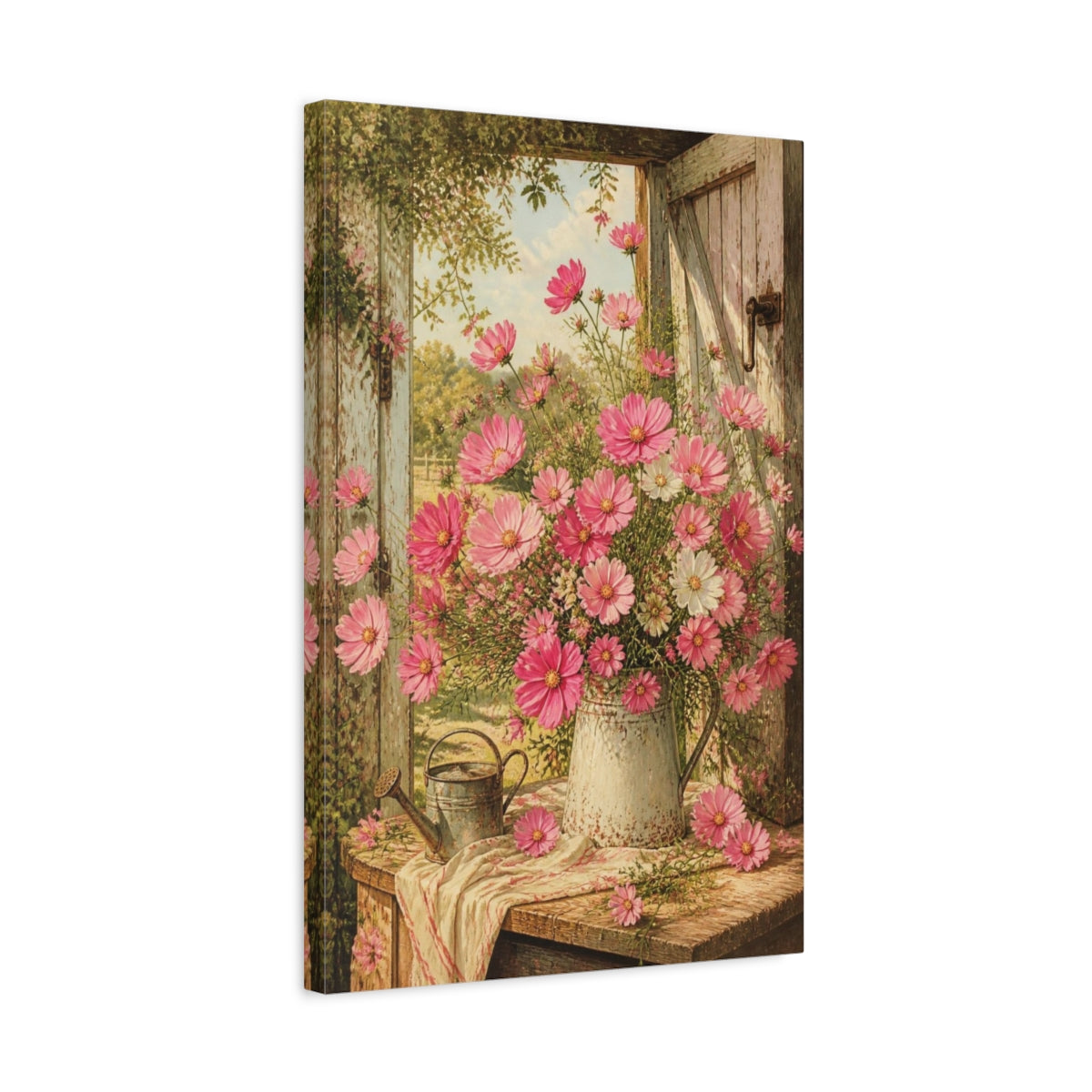 Side Mockup 3. Pink Cosmos Flowers shown as canvas print