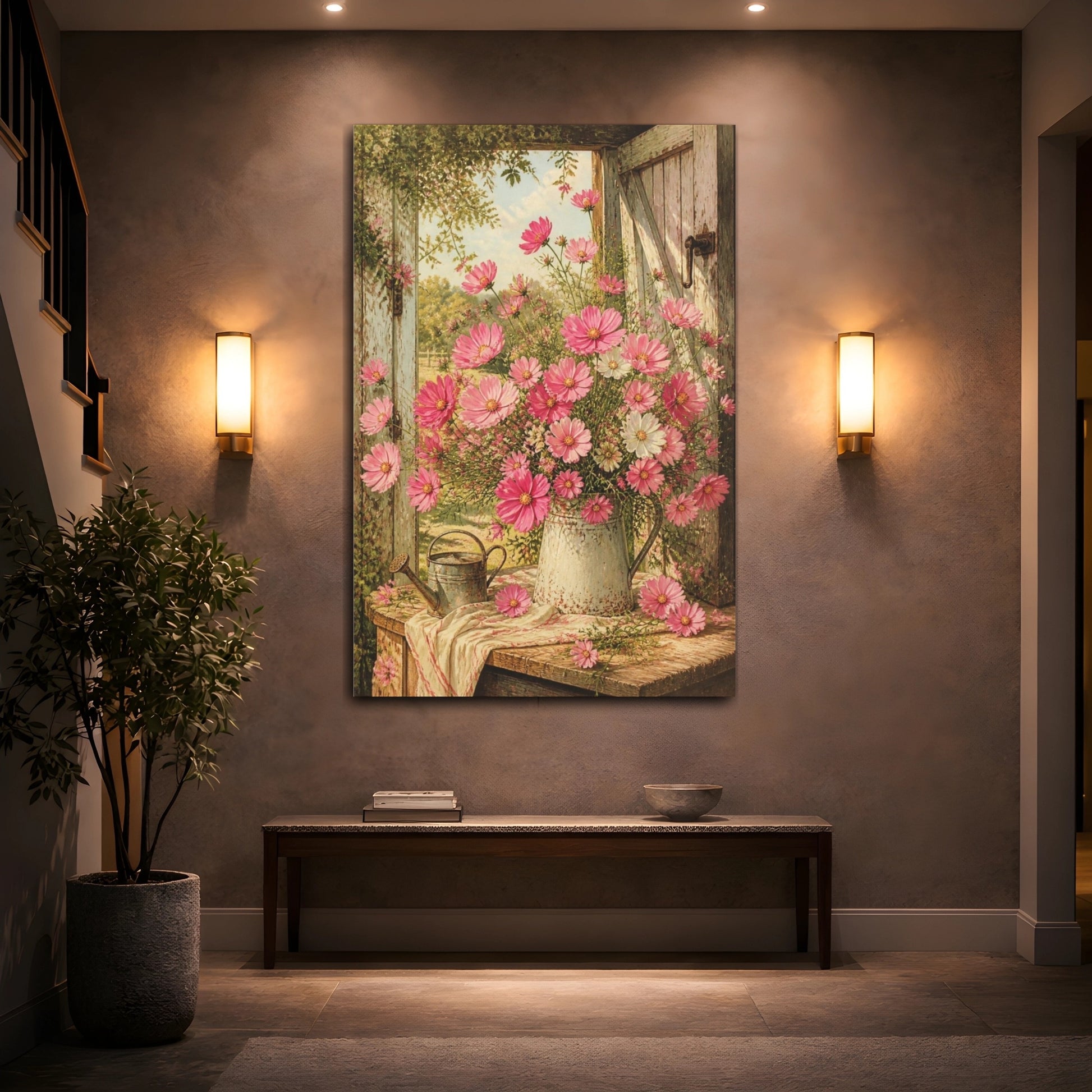 Mockup 2. Pink Cosmos Flowers shown as canvas print