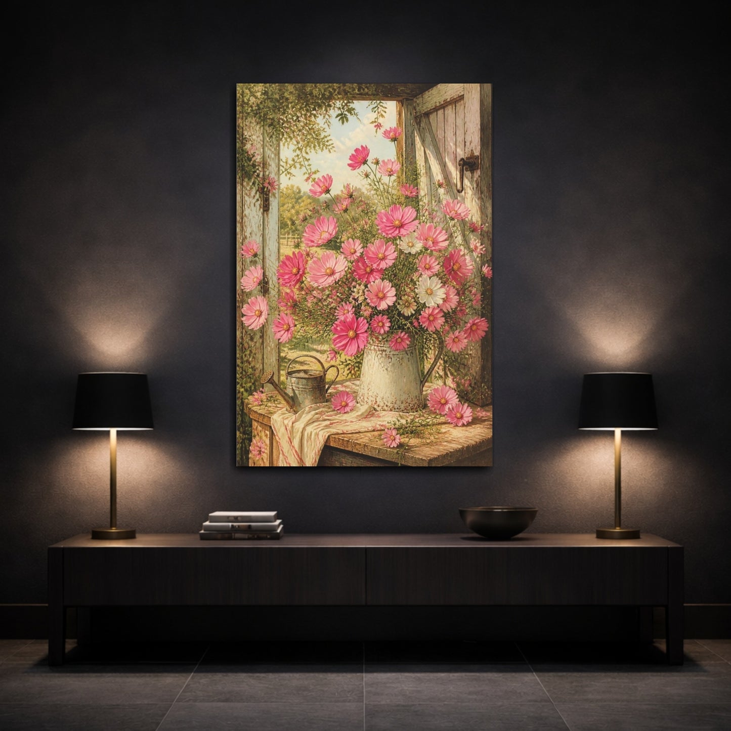 Mockup 3. Pink Cosmos Flowers shown as canvas print