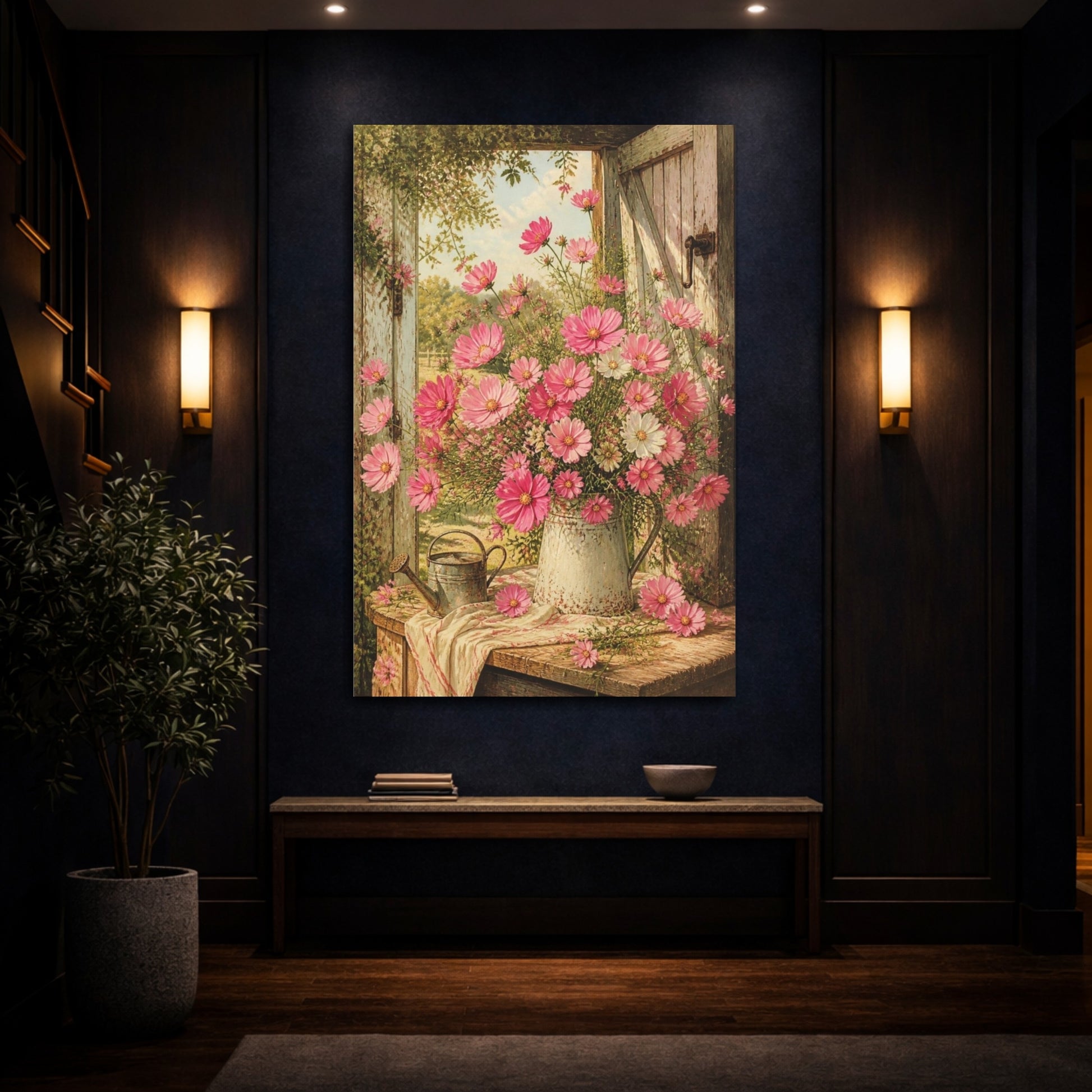 Mockup 4. Pink Cosmos Flowers shown as canvas print