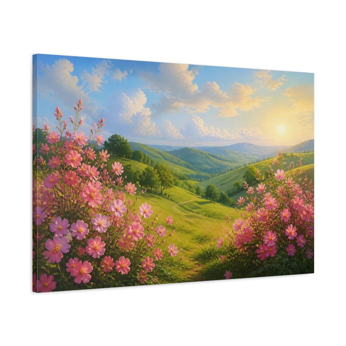Main Mockup. Pink Floral Hills shown as canvas print
