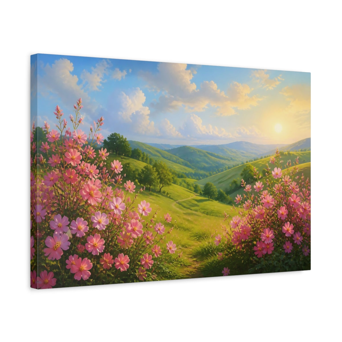 Side Mockup 3. Pink Floral Hills shown as canvas print