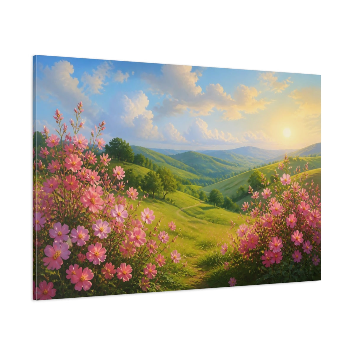 Side Mockup 1. Pink Floral Hills shown as canvas print
