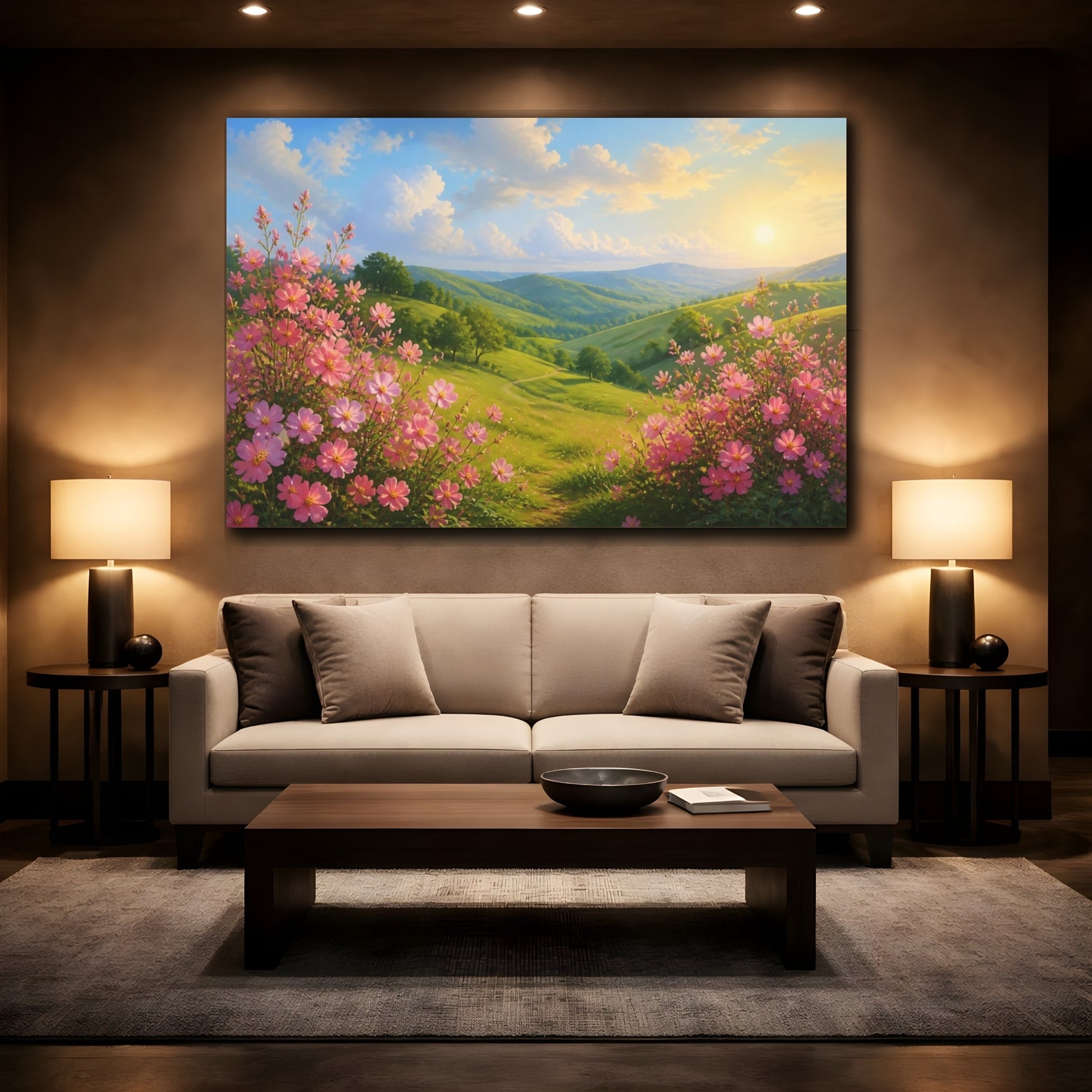 Mockup 2. Pink Floral Hills shown as canvas print