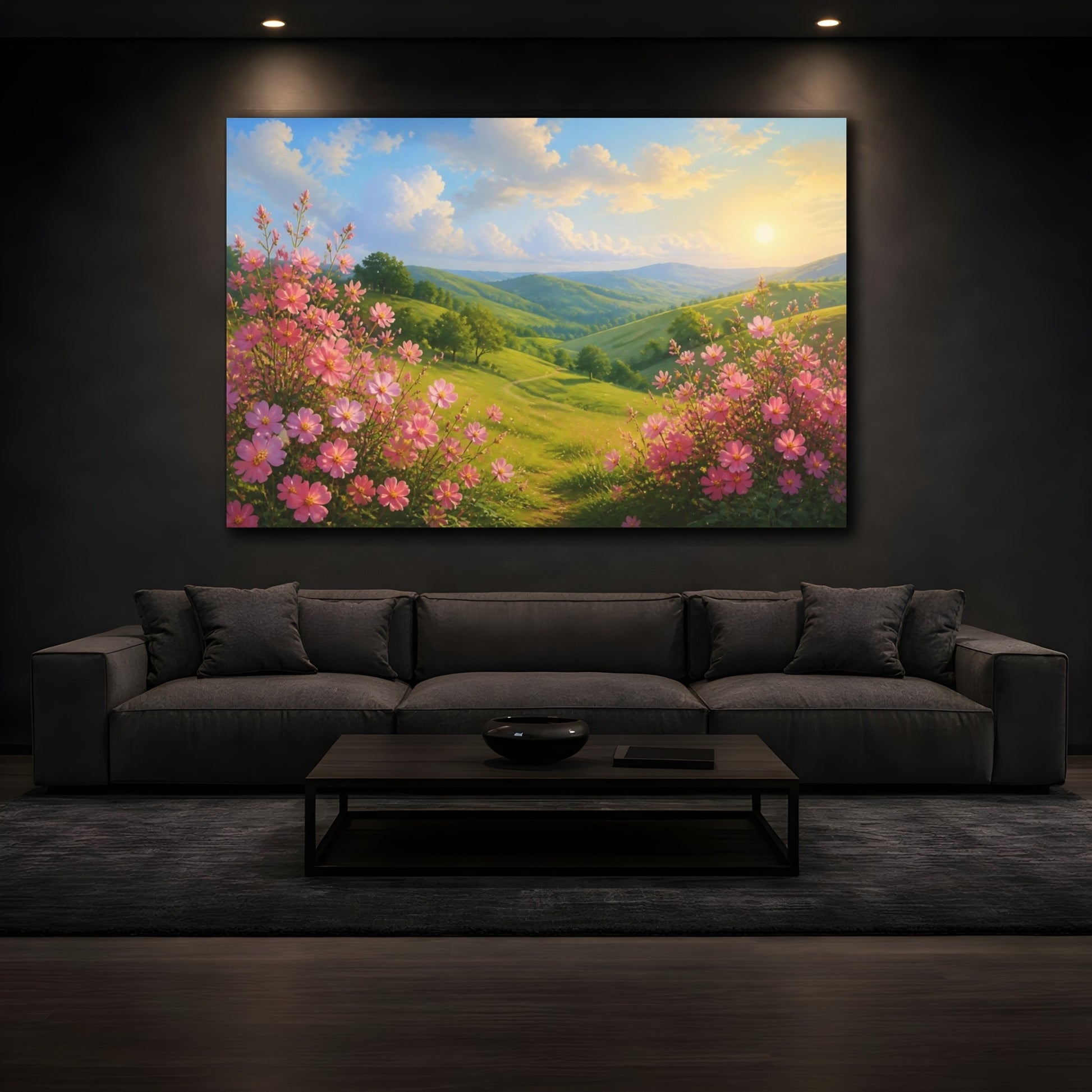 Mockup 3. Pink Floral Hills shown as canvas print