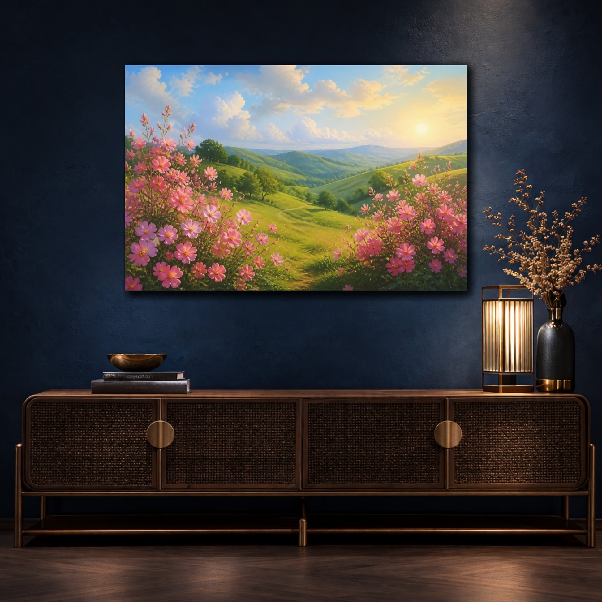 Mockup 4. Pink Floral Hills shown as canvas print