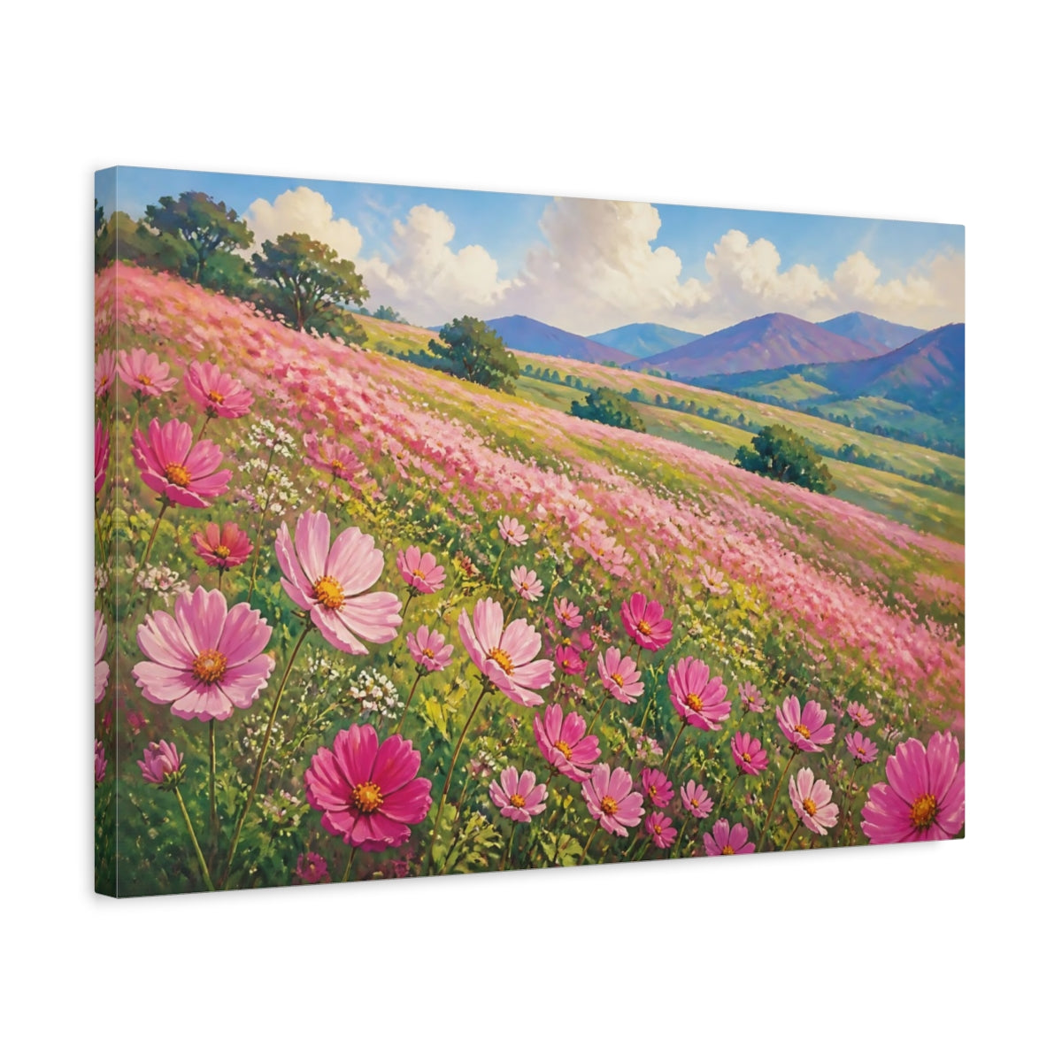 Side Mockup 3. Pink Floral Meadow shown as canvas print