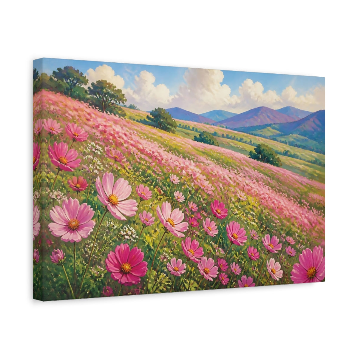 Side Mockup 4. Pink Floral Meadow shown as canvas print