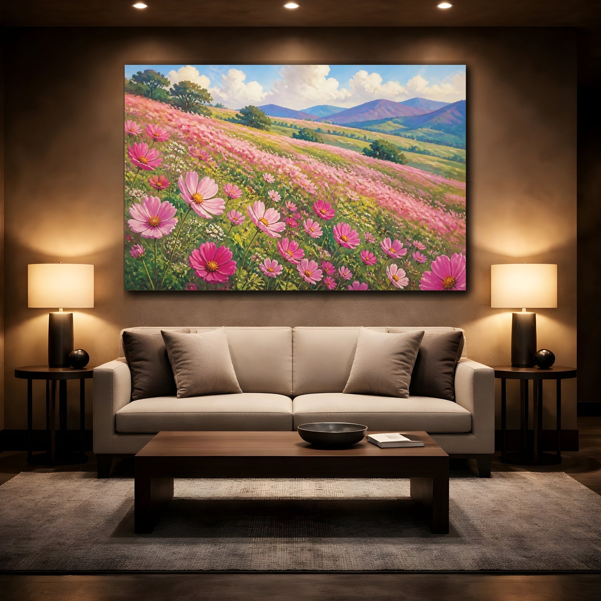 Mockup 2. Pink Floral Meadow shown as canvas print