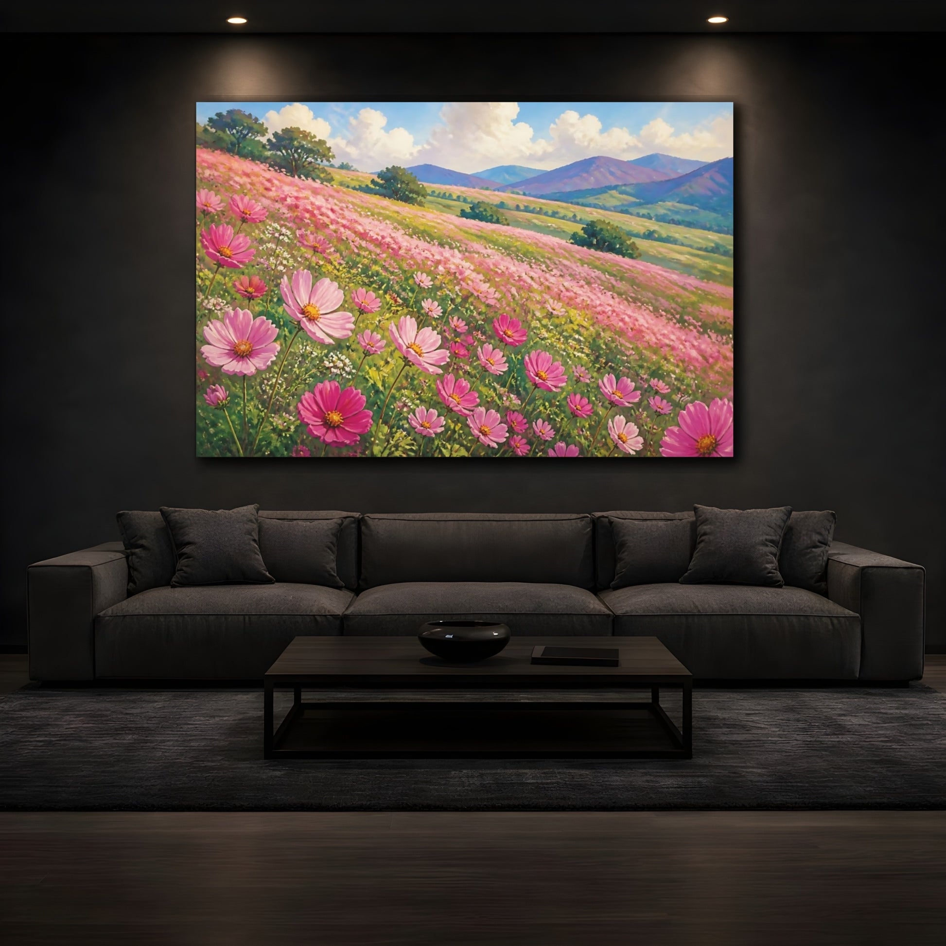 Mockup 3. Pink Floral Meadow shown as canvas print