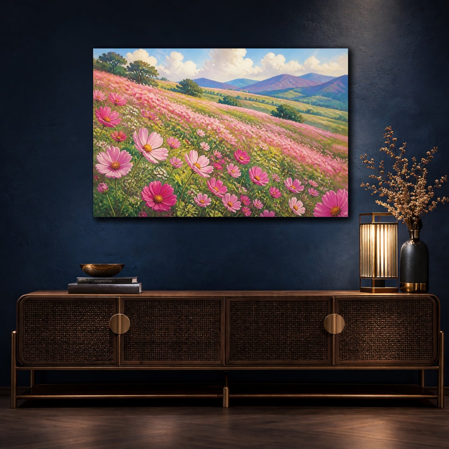 Mockup 4. Pink Floral Meadow shown as canvas print