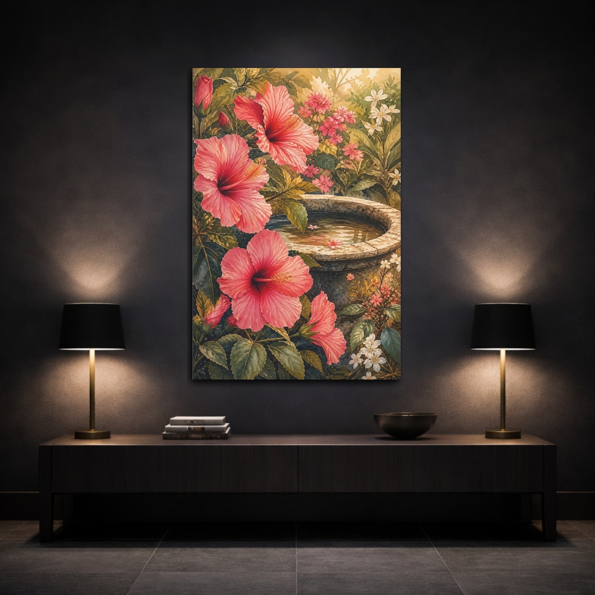 Mockup 3. Pink Hibiscus Flowers shown as canvas print