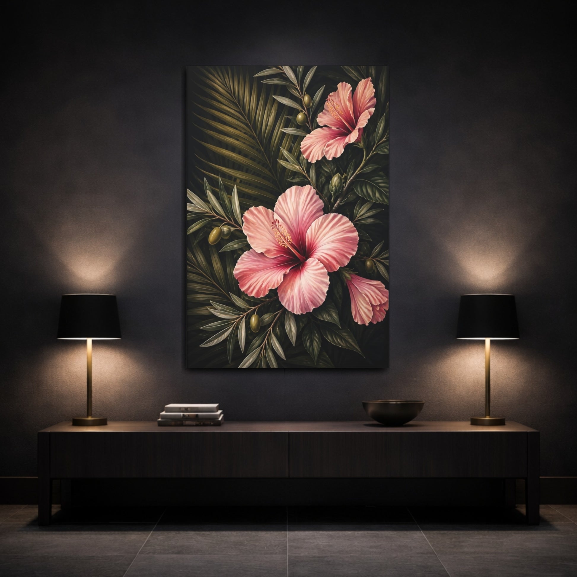 Mockup 3. Pink Hibiscus Flowers shown as canvas print